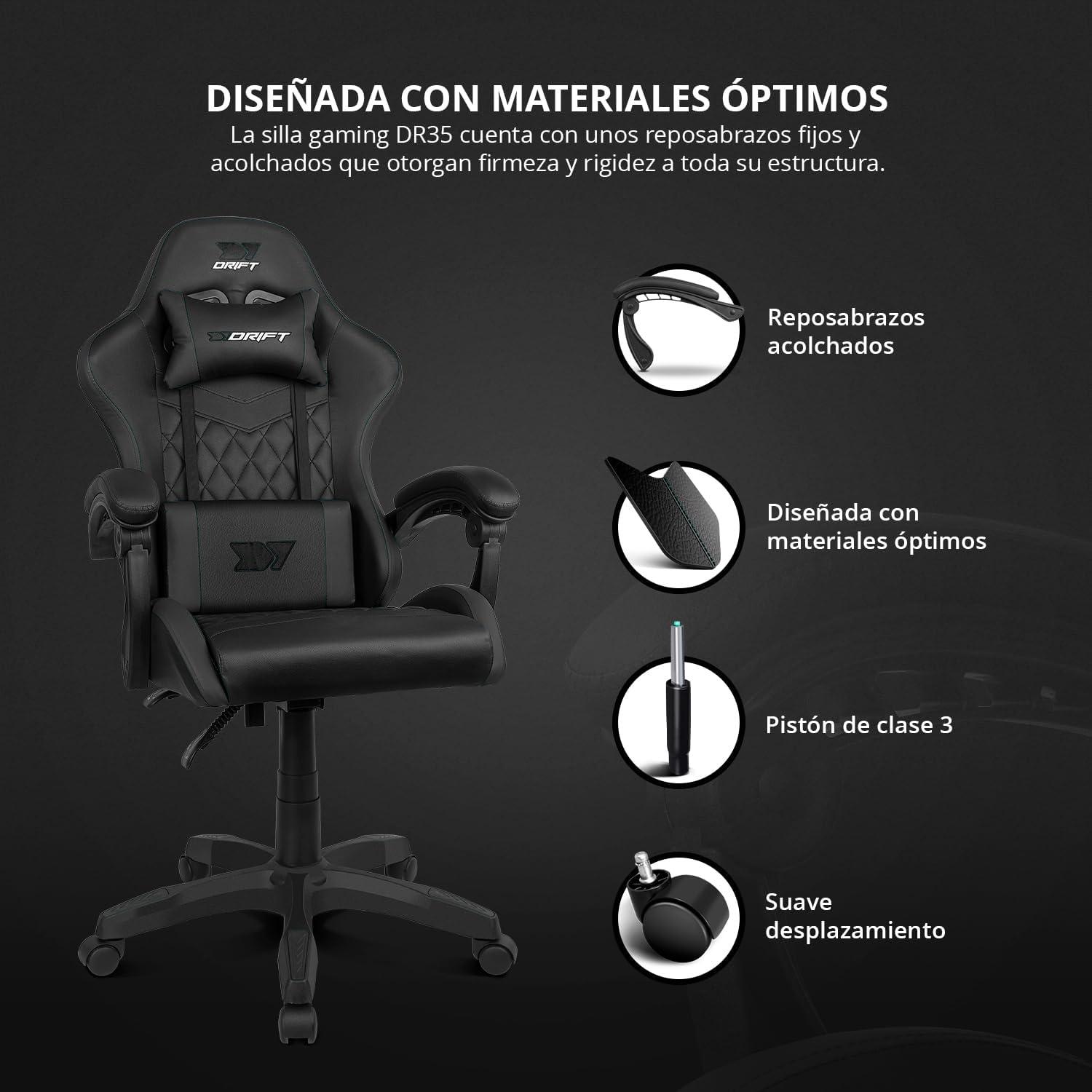 DRIFT GAMING DR35 Cadeira Gaming ergonómica profissional com apoios de braço 2D ajustáveis, suporte lombar e cervical, reclinável a 135°, estofada em couro sintético, rodas silenciosas, base robusta