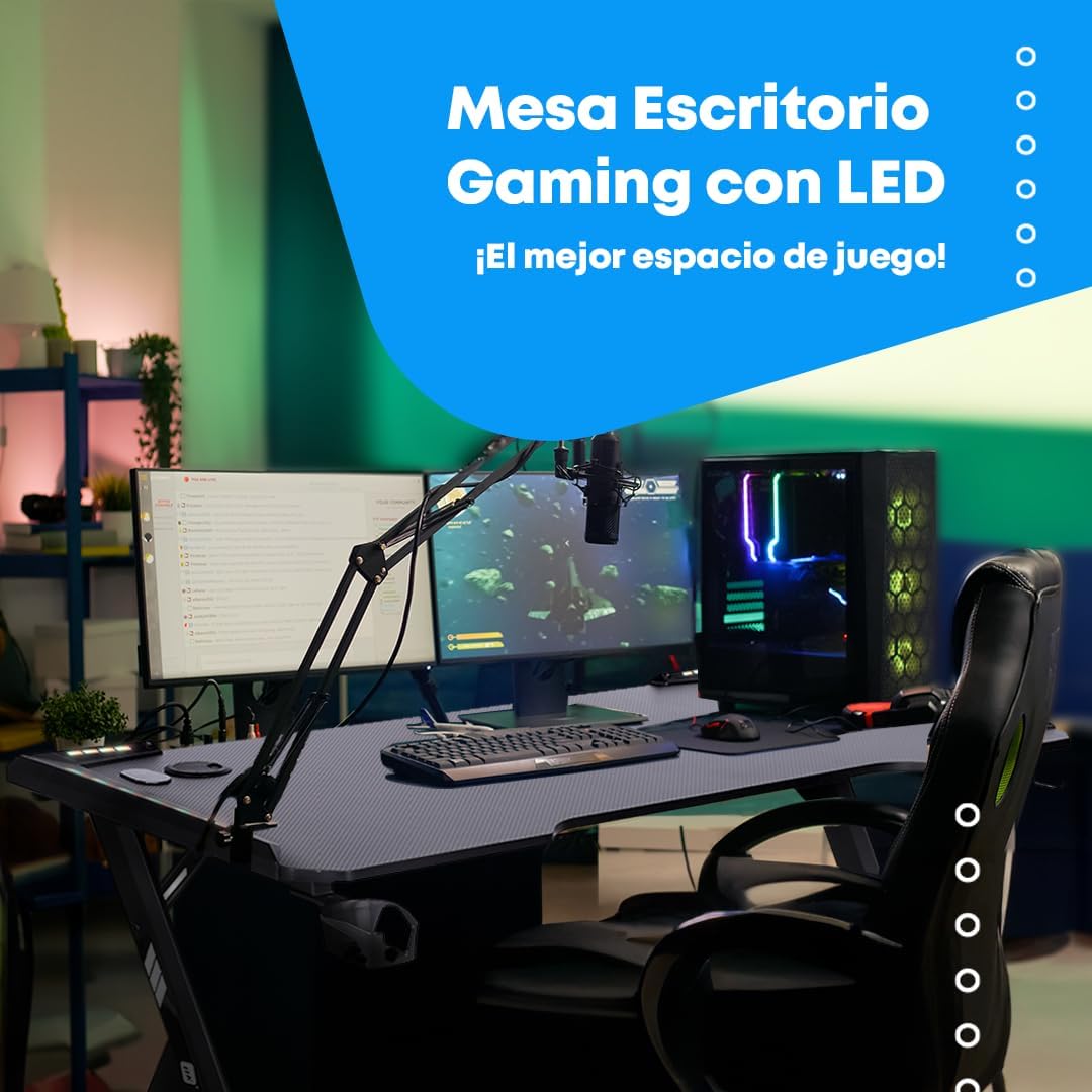 NK Mesa de secretária de jogos com LED (120 x 60 cm), porta-copos e garrafas, suporte para auriculares/capacetes, gestão de cabos, Gaming Desk, tabela de 1,5 cm (resistência) peso máximo 100 kg