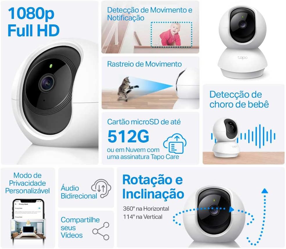 Tapo C200 - Cámara IP WiFi 360° Cámara de Vigilancia FHD 1080p,Visión Nocturna, Notificaciones en Tiempo Real, Admite Tarjeta SD,Detección de Movimiento,Control Remoto,Compatible con Alexa