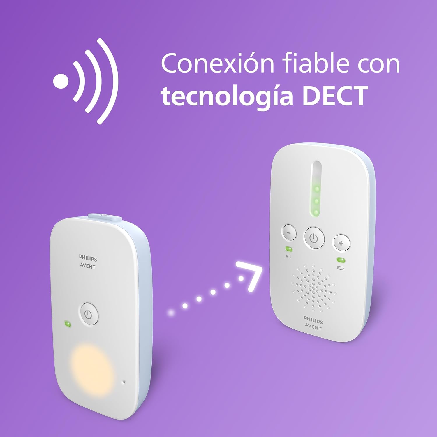 Philips Avent, monitor de bebé com áudio DECT, áudio bidirecional, sem interferências, intervalo de 330 m, 24 horas de duração da bateria, modo ecológico inteligente, luz noturna, SCD503/26