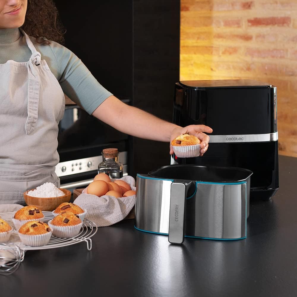 Cecotec Frigideira de ar sem óleo de 5,5 l, Air Fryer Cecofry Full Inox 5500 Pro, com acessórios. 1700 W, dietética e digital, tátil, acabamentos em aço inoxidável, 8 modos, pack de acessórios