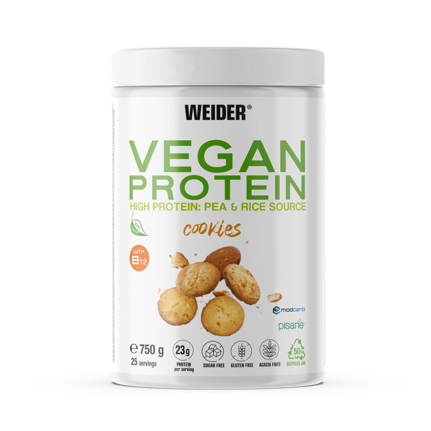 Weider Vegan Protein (750g) Sabor Vainilla. Proteína Vegana 23g/dosis Aislada Guisante (Pisane) y Arroz. Con Vitamina B12 y Stevia. Sin Gluten, Sin Azúcar. Bote 50% Reciclado, 100% Reciclable
