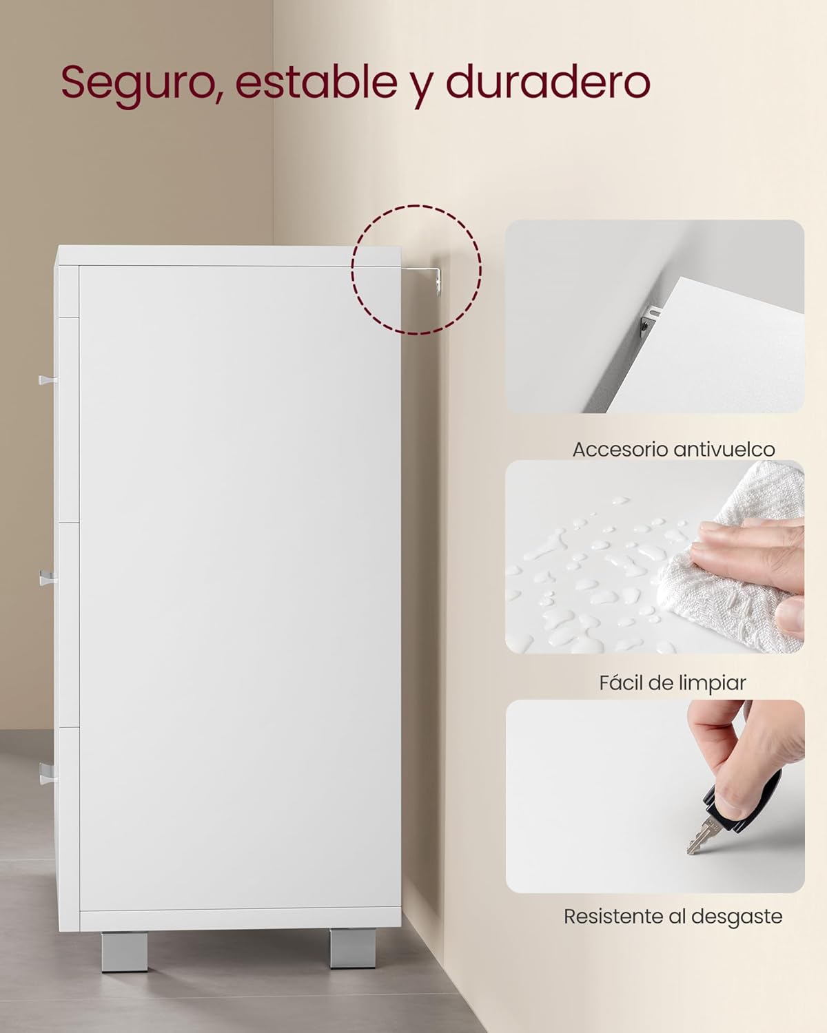 VASAGLE Móveis de lavatório baixo, armário de casa de banho, 3 gavetas, 2 compartimentos atrás da porta, adequado para lavatórios com pedestal, com pés, 30 x 70 x 64 cm, branca nuvem BBK504W01