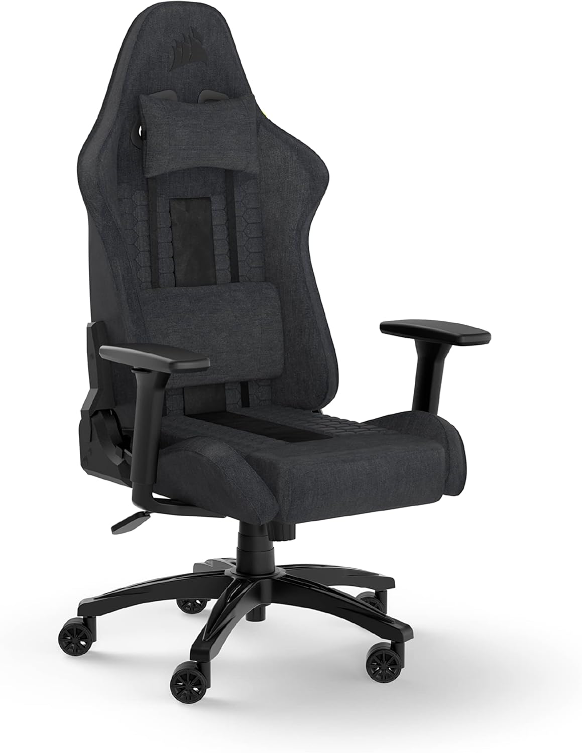 Corsair TC100 Cadeira relaxada para jogos - Fabric - design inspirado em corridas - almofada lombar - almofada cervical removível de espuma viscoelástico - apoios de braços ajustáveis - cinzento e
