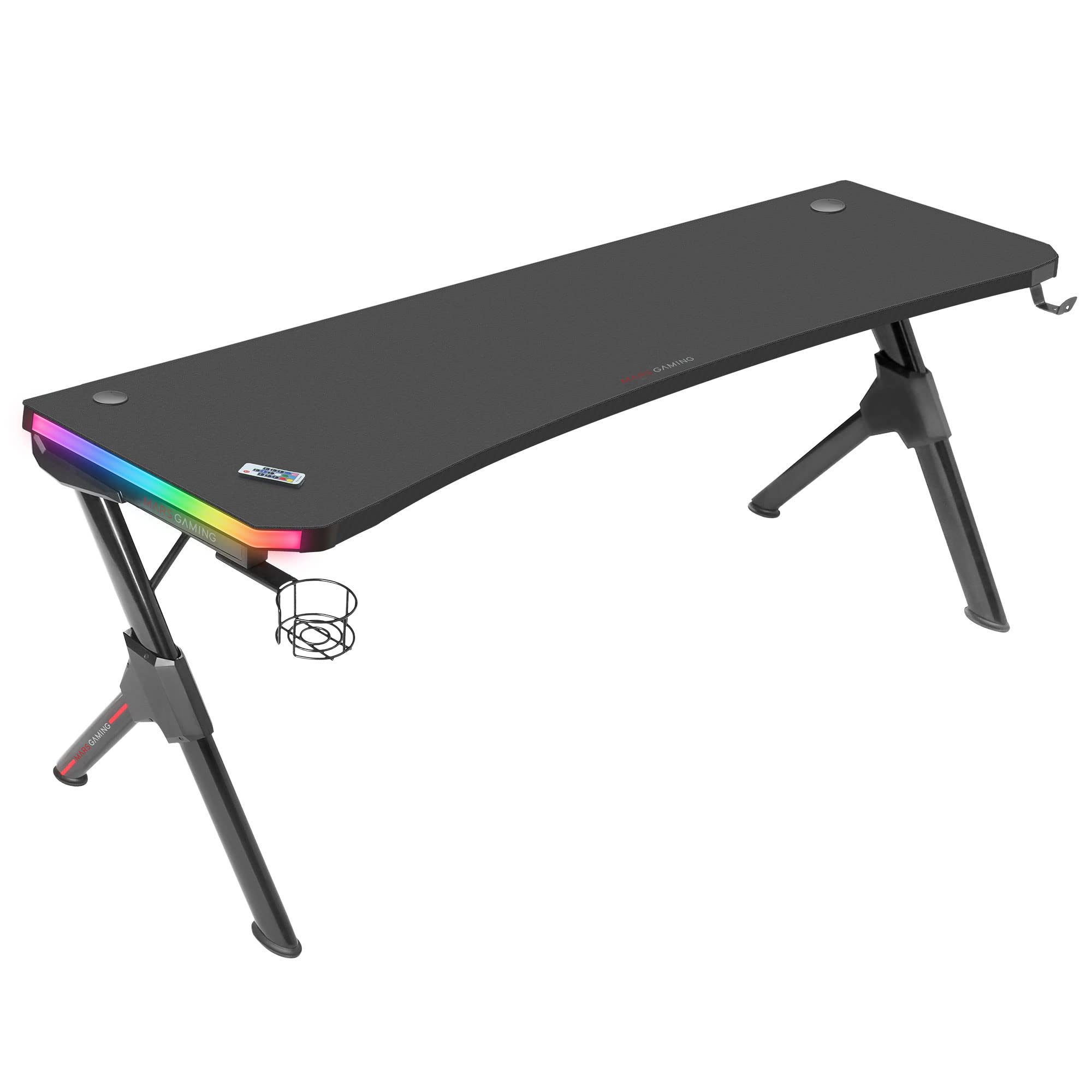 Mars Gaming MGD-X160RGB, Mesa de jogos ergonómica, iluminação ARGB com comando, fibra de carbono, tapete XXL, suporte auriculares e bebida, gestão com cabos, secretária Gaming 160 x 60 cm, preto