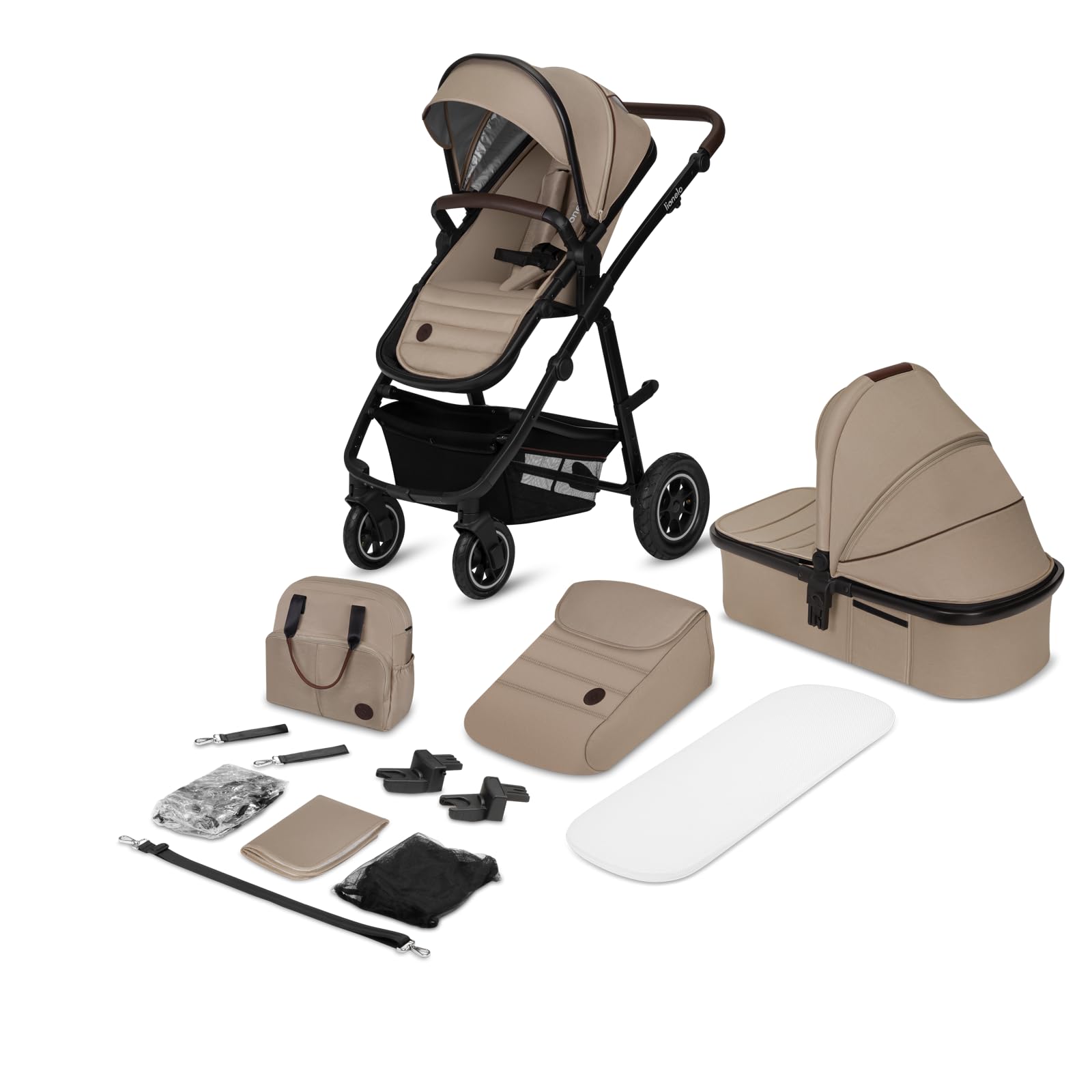 LIONELO Amber Carro de bebé multifuncional 2 em 1 conjunto carrinho de passeio com assento de cubo e tampa guiador ajustável bolsa mosquiteira protetor de chuva
