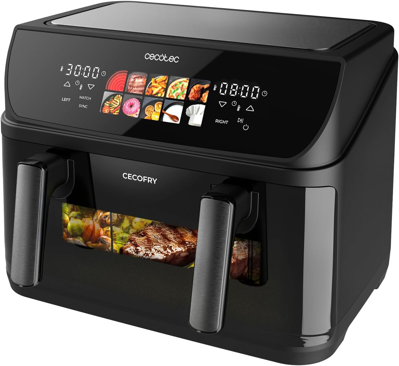 Cecotec Frigideira de ar 10 L, 4 resistências, Air Fryer, Cecofry&Grill Duoheat 10000. 2800 W, Dourado perfeito e sabor de grelha em carnes, parede divisória móvel, temperatura dupla, 10 menus