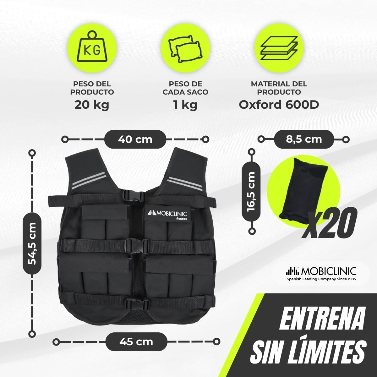 Mobiclinic®, Colete lastrado, colete de peso, ajustável, resistente, tecido Oxford 600D, peso incluído, faixas refletoras, respirável, colete com pesos para treino de fitness, Iron20