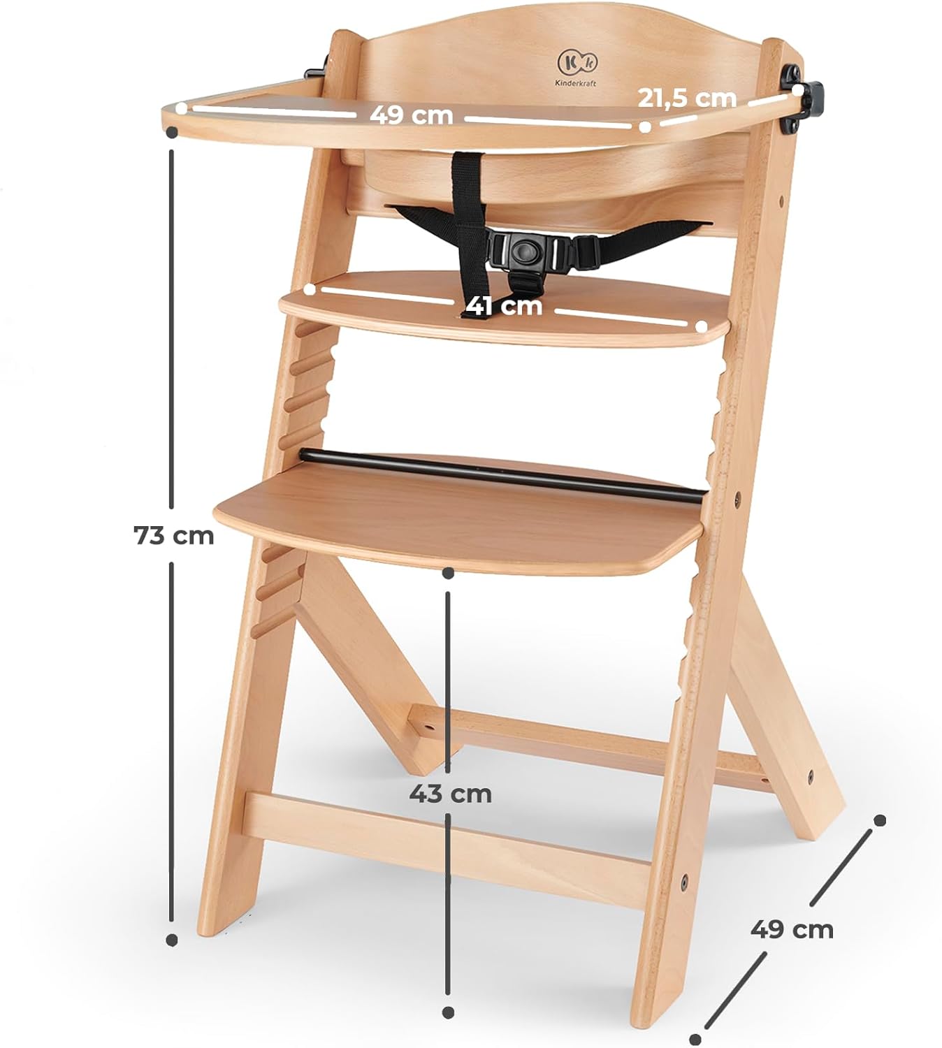 kk Kinderkraft ENOCK Cadeira alta bebé de madeira, infantil, portátil, para crianças, cadeira alta evolutiva, ergonómica, com acessórios, barreira e bandeja, madeira natural