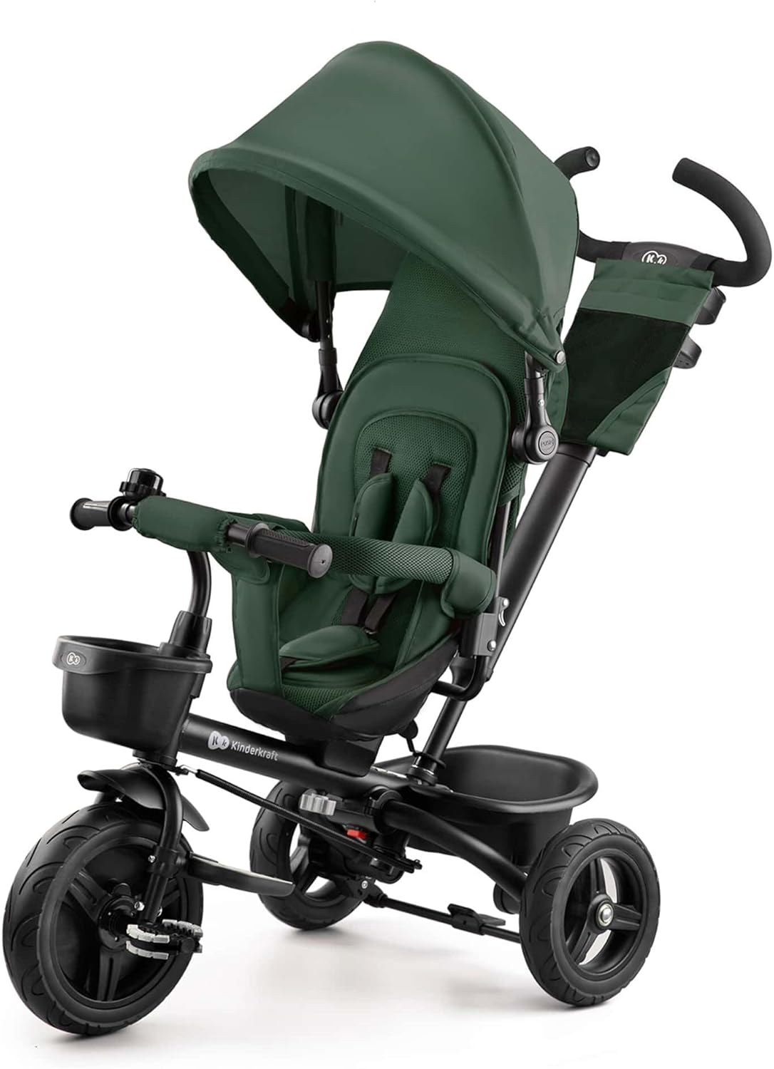 Kinderkraft AVEO Triciclo Bebé, Plegable, Trike, Bicicleta para Niños, Triciclo Evolutivo, Triciclo Sin Pedales, Bicicleta Bebe, Con Accesorios Práctico, Dos Cestas, 9 Meses a 25 kg, Verde