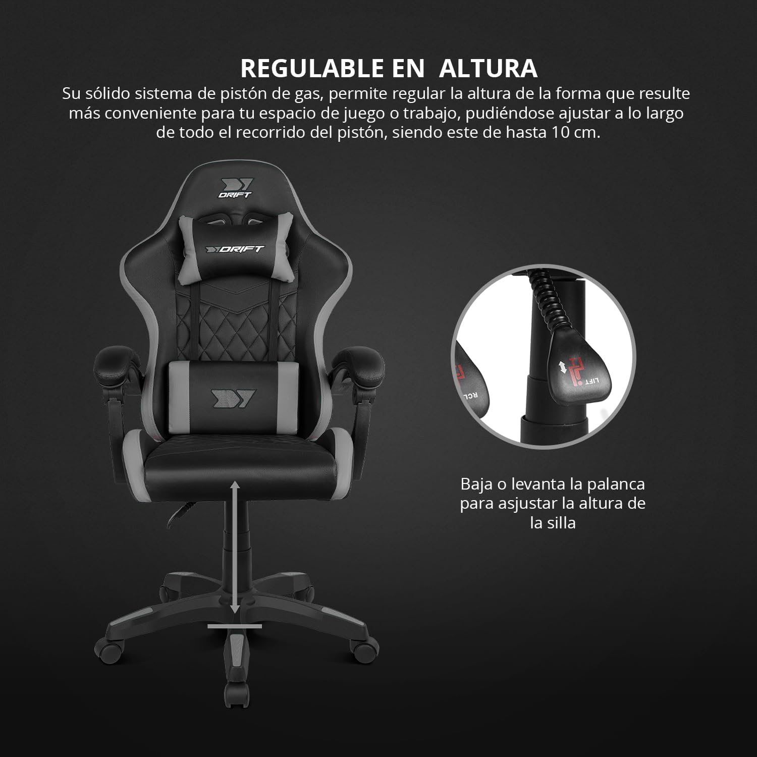 DRIFT GAMING DR35 Cadeira Gaming ergonómica profissional com apoios de braço 2D ajustáveis, suporte lombar e cervical, reclinável a 135°, estofada em couro sintético, rodas silenciosas, base robusta