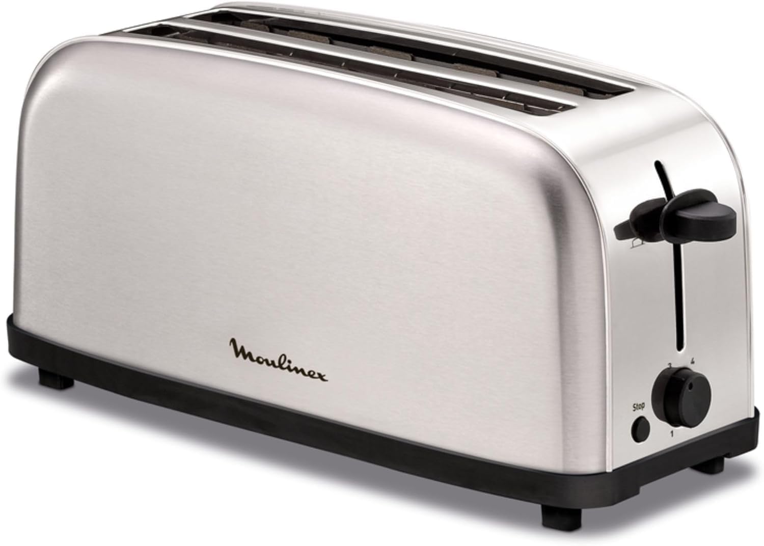 Moulinex Classic LS330D Torradeira de aço inoxidável, 2 ranhuras longas e largas, 1400 W, 6 posições torrada, função Stop e bandeja de recolha, para todos os tipos de pão normal, molde, artesão