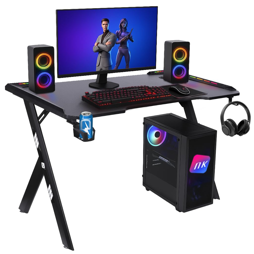 NK Mesa de secretária de jogos com LED (120 x 60 cm), porta-copos e garrafas, suporte para auriculares/capacetes, gestão de cabos, Gaming Desk, tabela de 1,5 cm (resistência) peso máximo 100 kg