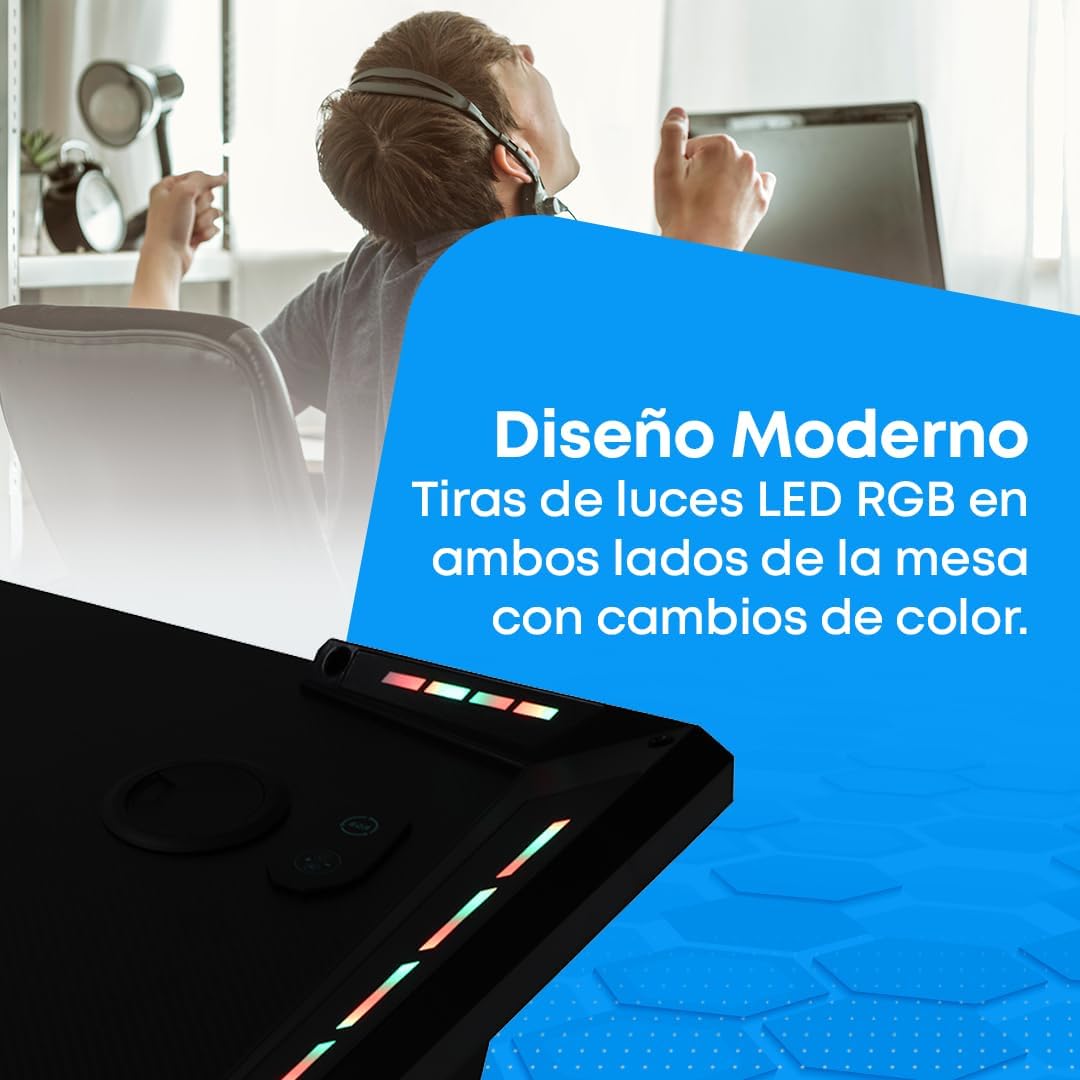 NK Mesa de secretária de jogos com LED (120 x 60 cm), porta-copos e garrafas, suporte para auriculares/capacetes, gestão de cabos, Gaming Desk, tabela de 1,5 cm (resistência) peso máximo 100 kg