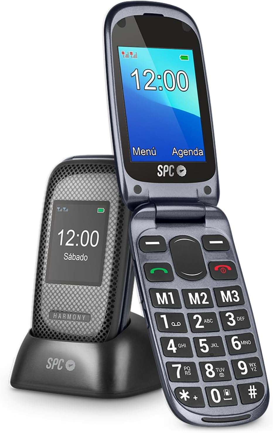 SPC Harmony - Telemóvel para idosos, telemóveis com tampa, teclas grandes, volume alto 96dB, compatível com aparelhos auditivos, contactos com imagem, botão SUS, ecrã duplo (2,4" + 1,77") - preto