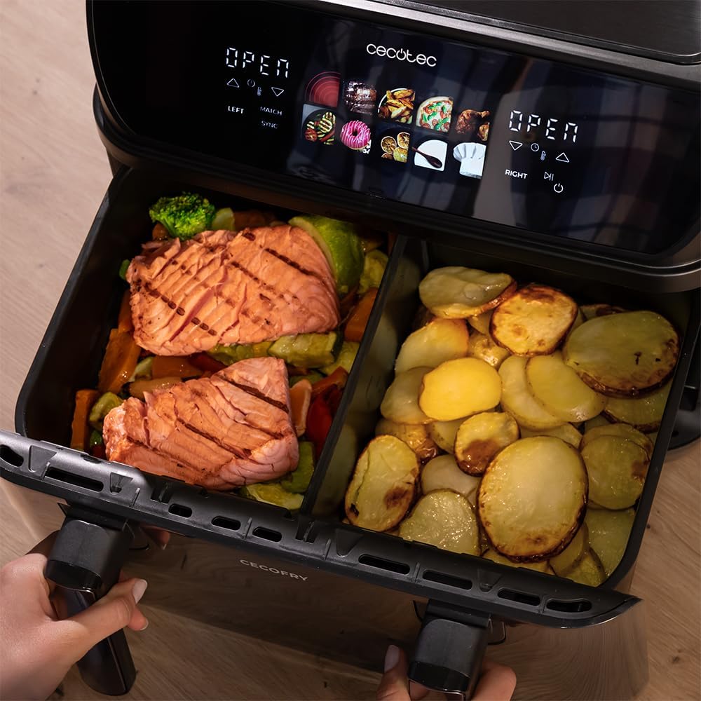 Cecotec Frigideira de ar 10 L, 4 resistências, Air Fryer, Cecofry&Grill Duoheat 10000. 2800 W, Dourado perfeito e sabor de grelha em carnes, parede divisória móvel, temperatura dupla, 10 menus