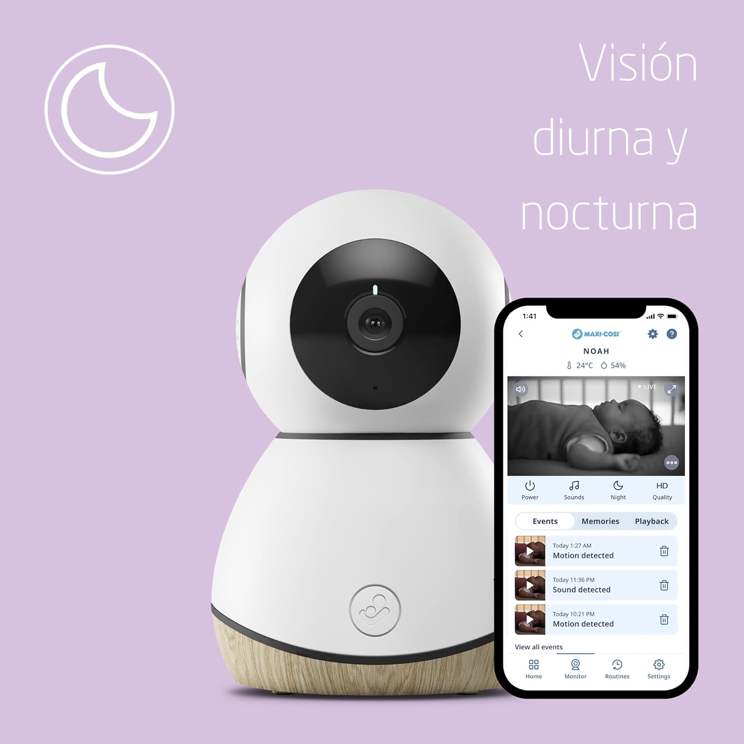 Maxi-Cosi See câmara de vigilância para bebés wi-fi interior, monitor para bebés com câmara de visão noturna HD, vídeo e áudio, sensor de movimento e sons relaxantes, deteta temperatura e humidade da