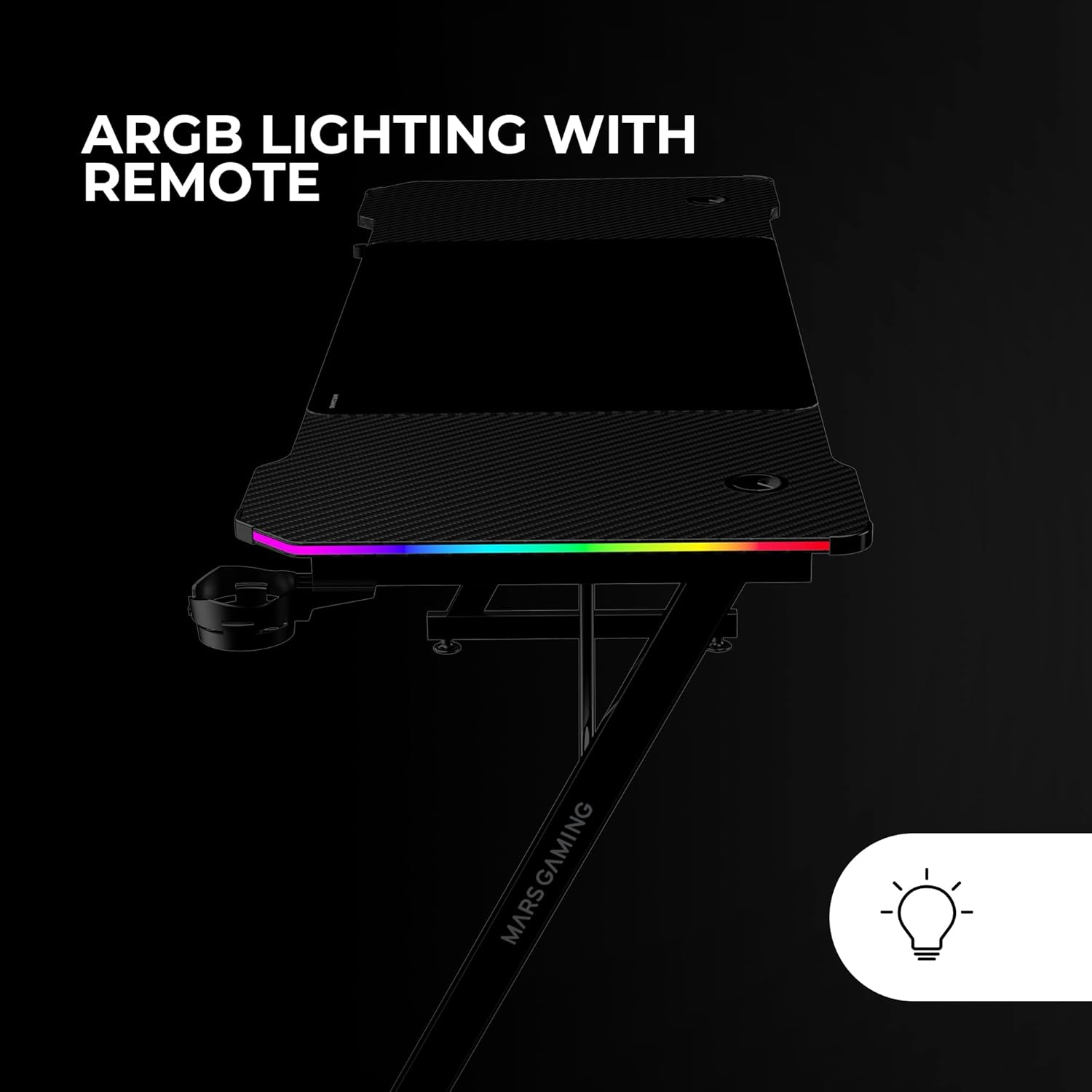 Mars Gaming MGD-X160RGB, Mesa de jogos ergonómica, iluminação ARGB com comando, fibra de carbono, tapete XXL, suporte auriculares e bebida, gestão com cabos, secretária Gaming 160 x 60 cm, preto