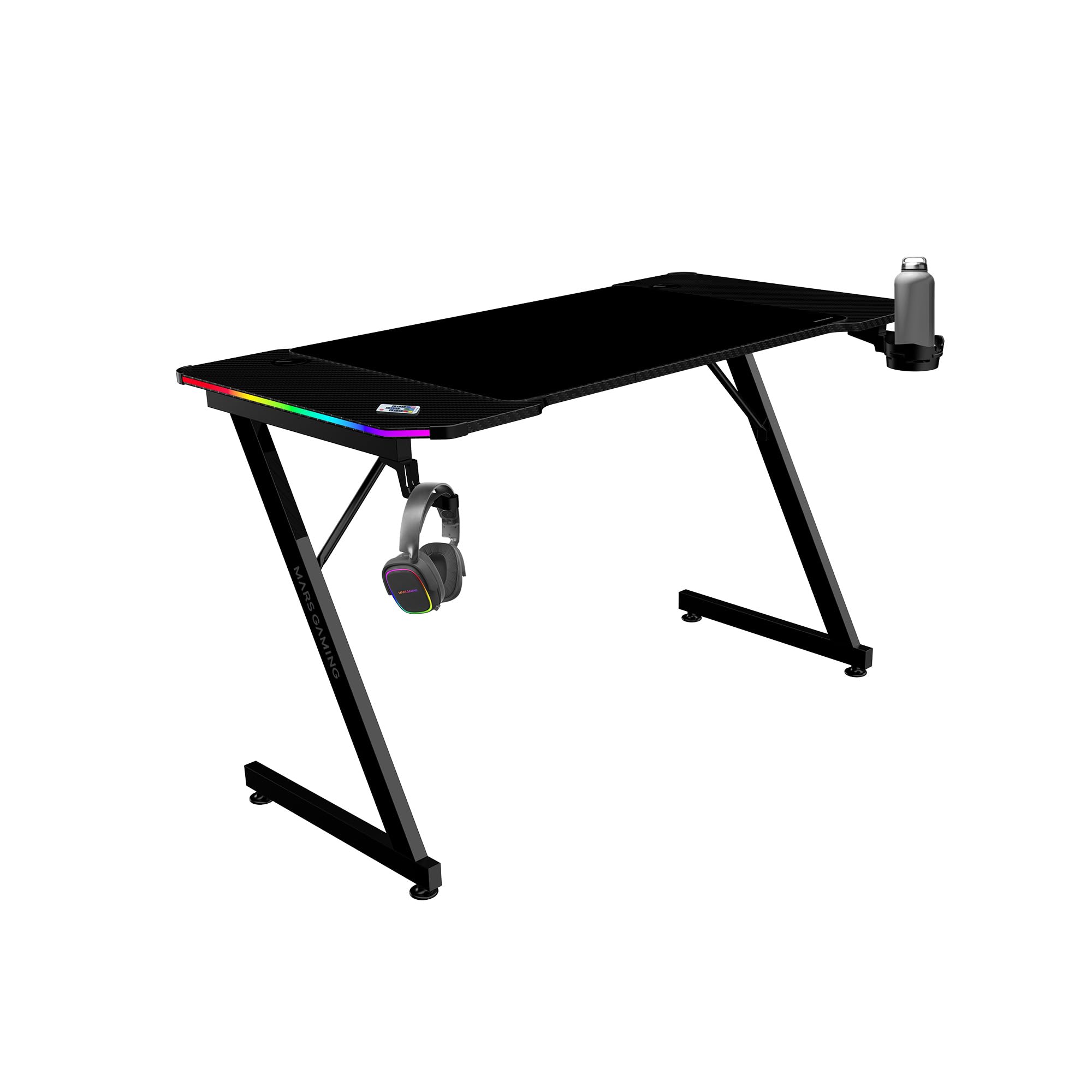 Mars Gaming MGD-X160RGB, Mesa de jogos ergonómica, iluminação ARGB com comando, fibra de carbono, tapete XXL, suporte auriculares e bebida, gestão com cabos, secretária Gaming 160 x 60 cm, preto