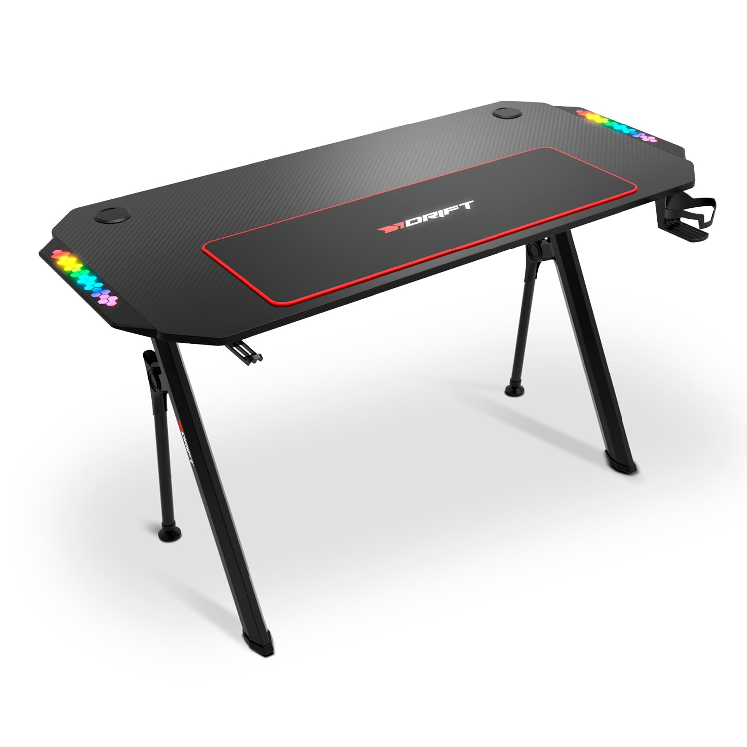 Drift Gaming DRDZ75 - Mesa de jogos com placa com acabamento em fibra de carbono coberto por um tapete Full Size, suporte para canecas e auriculares, pernas reguláveis, cor preta