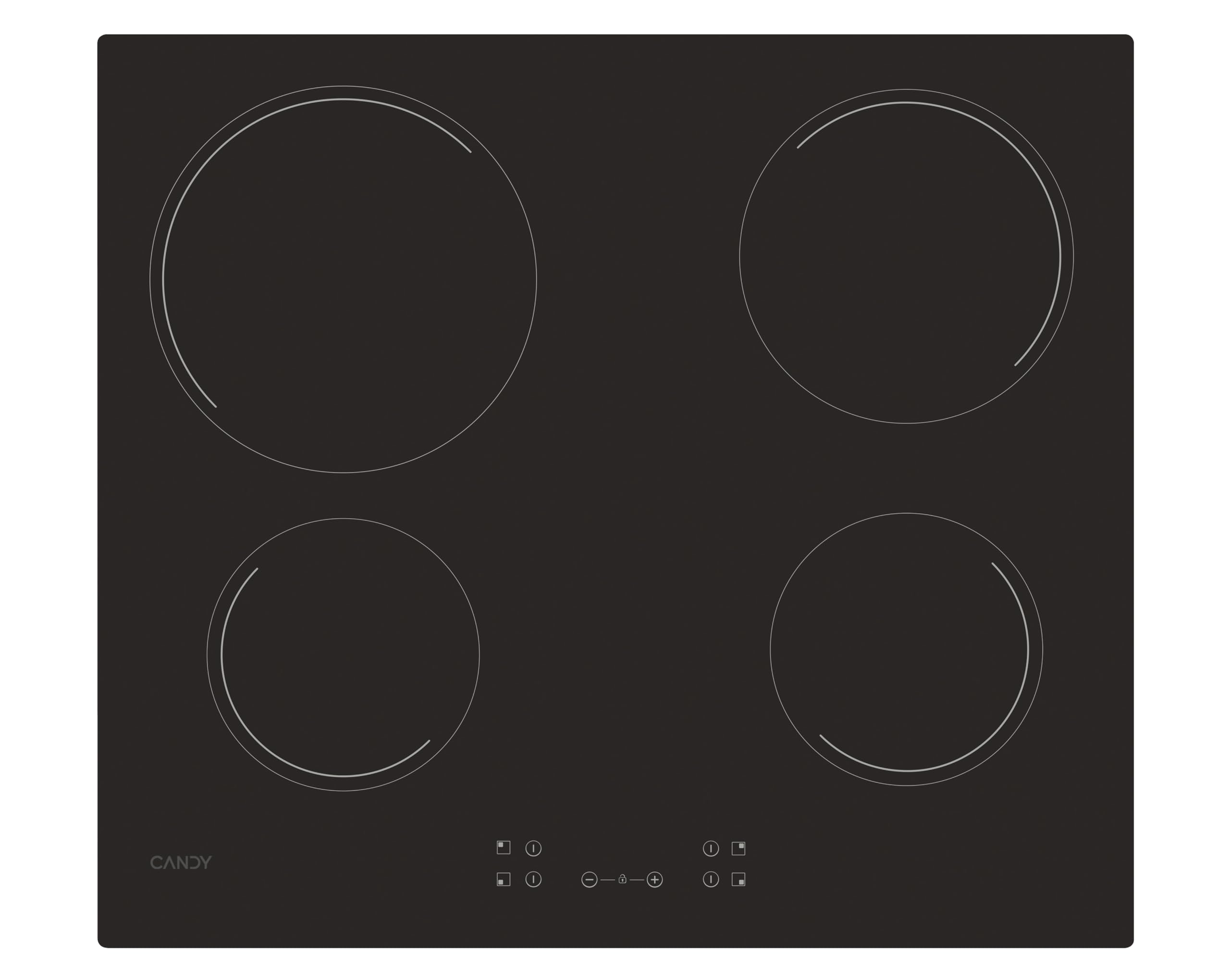 Candy Idea CH64CCB 4U2 Placa de vinil 4 fogos, 60 cm, 10 níveis de potência, 6,5 KW, comandos centrais, indicador de calor, bloqueio de segurança, alerta sobreaquecimento e errames, preto