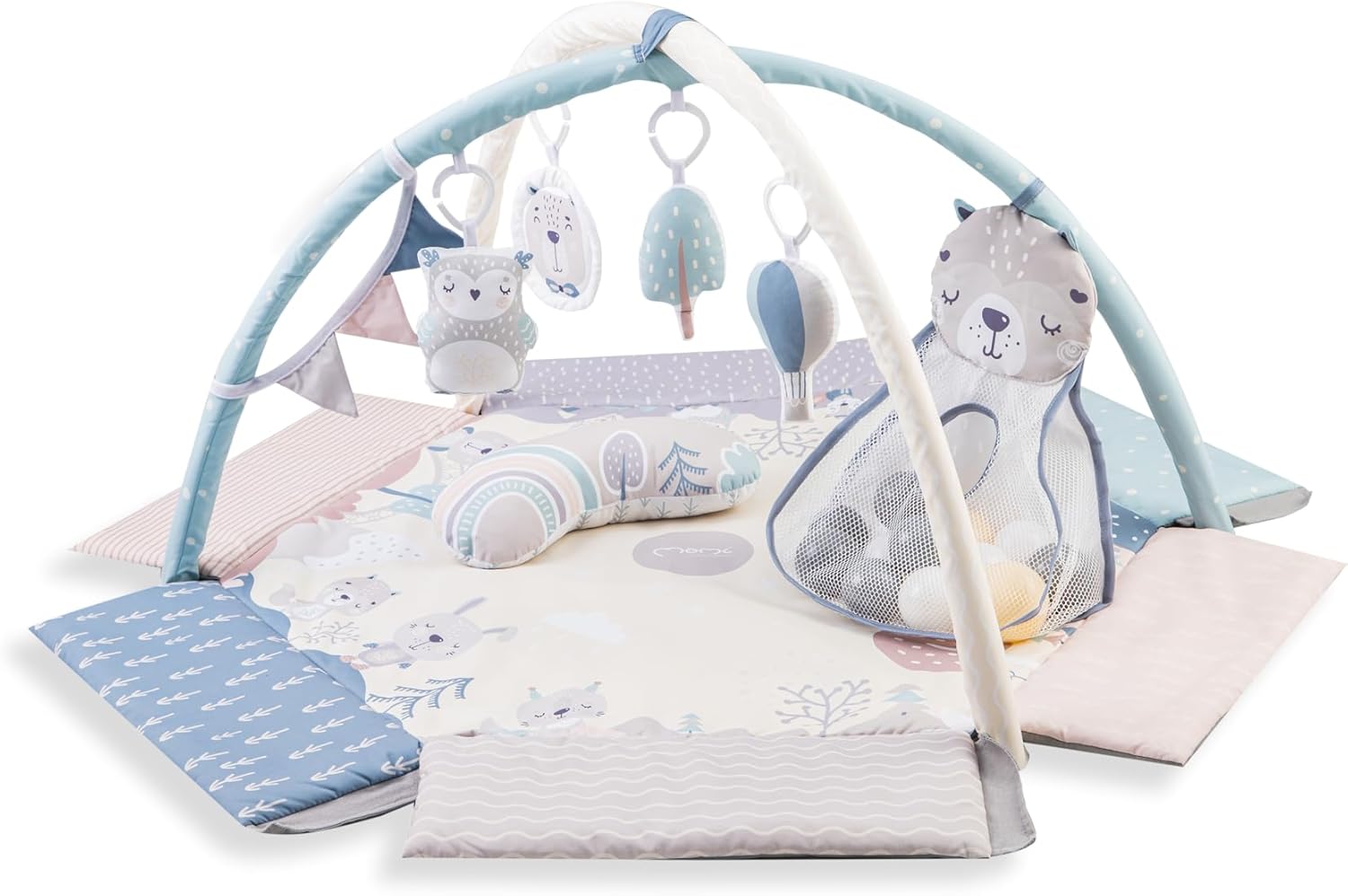 MoMi PASTEL arco de jogo com tapete para gatinhar 3 em 1 para bebés desde o nascimento, tapete de atividades sensorial com 2 arcos, banho de bolas, 5 brinquedos
