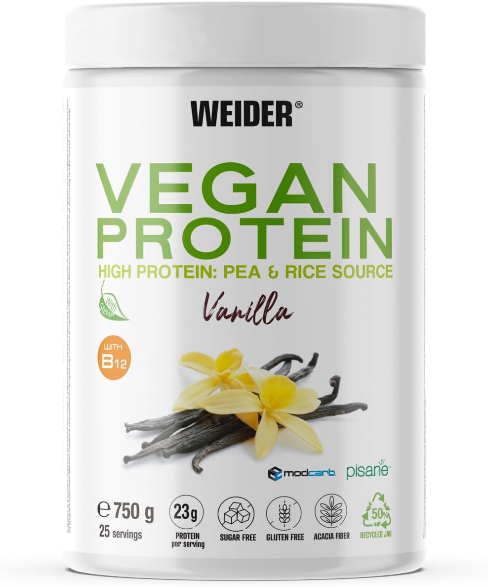 Weider Vegan Protein (750g) Sabor Vainilla. Proteína Vegana 23g/dosis Aislada Guisante (Pisane) y Arroz. Con Vitamina B12 y Stevia. Sin Gluten, Sin Azúcar. Bote 50% Reciclado, 100% Reciclable