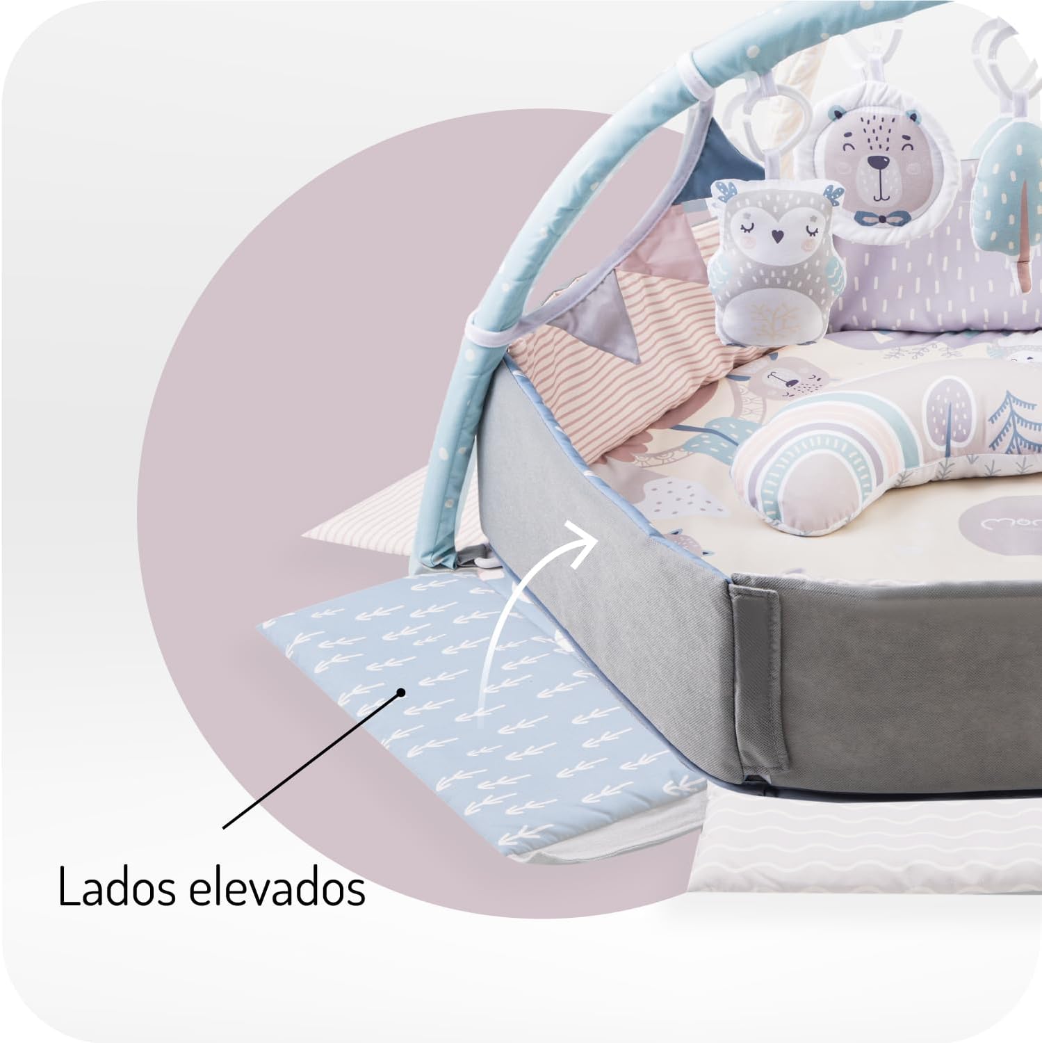 MoMi PASTEL arco de jogo com tapete para gatinhar 3 em 1 para bebés desde o nascimento, tapete de atividades sensorial com 2 arcos, banho de bolas, 5 brinquedos