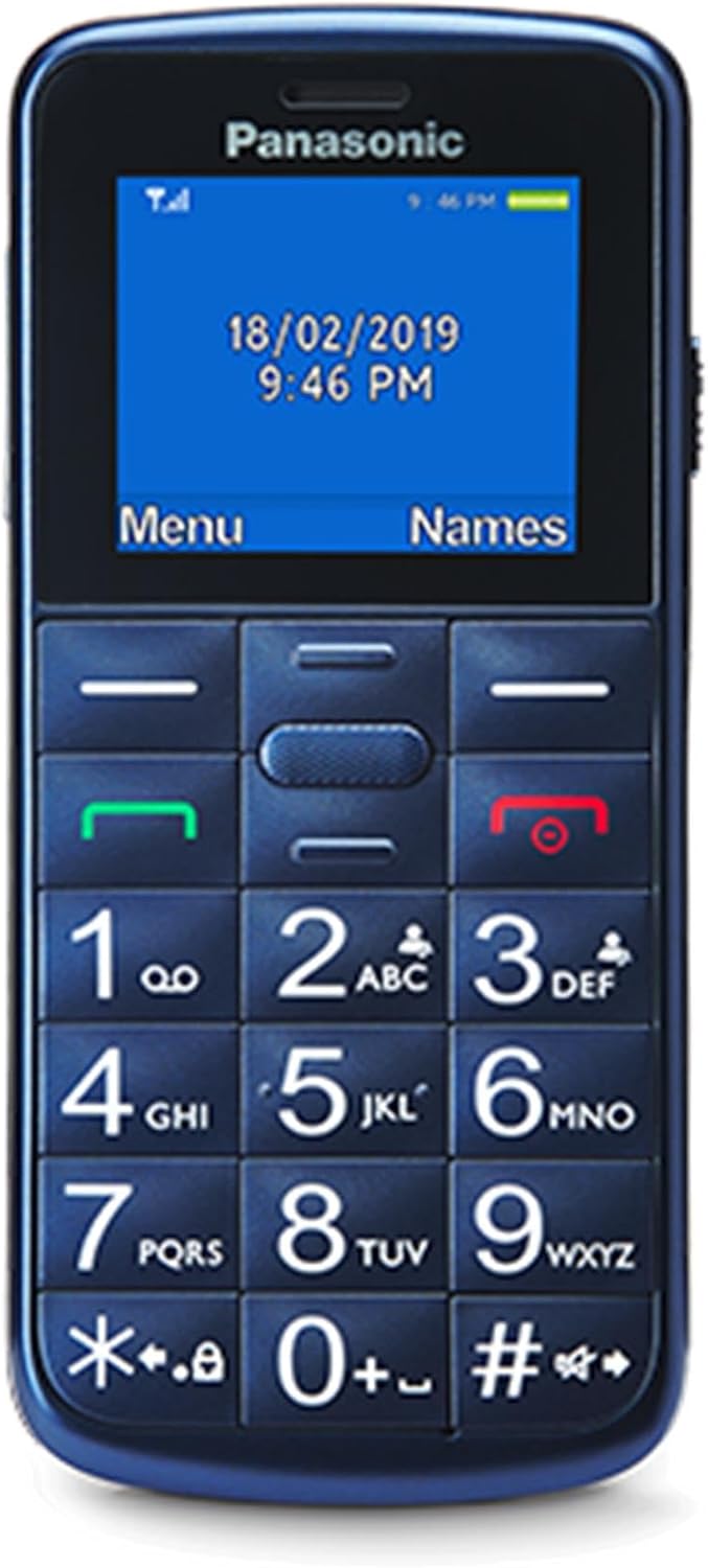 Panasonic KX-TU110EXC - Teléfono Móvil Para Personas Mayores, 1.77 Pulgadas (160 x 128), Pantalla y Teclas Grances, Botón SOS, Resistente a Golpes, Linterna, Batería 22h, Azul, 11,4 x 5,1 x 1,3 cm