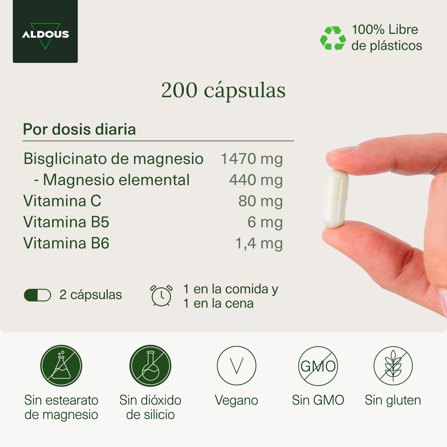 Bisglicinato de magnésio 200 cápsulas, vitamina C, B6, B5, magnésio alta biodisponibilidade, vitaminas para o cansaço e fadiga, ossos e articulações, músculos, glicinato, ALDOUS