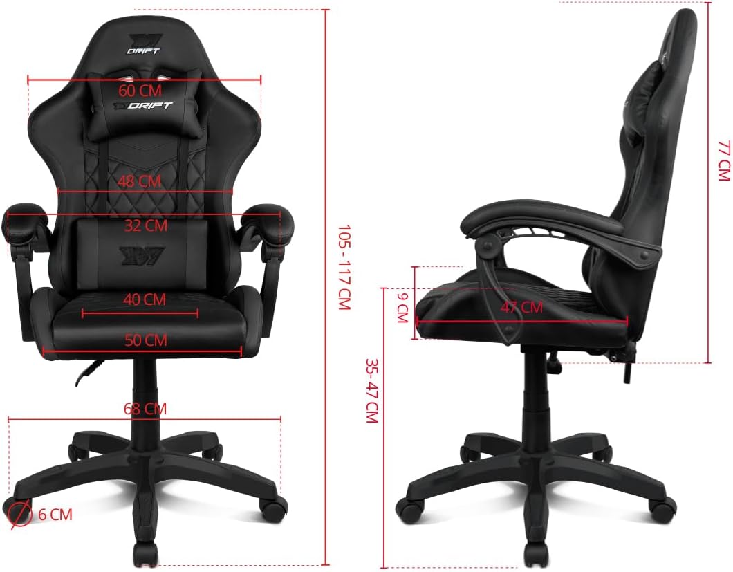 DRIFT GAMING DR35 Cadeira Gaming ergonómica profissional com apoios de braço 2D ajustáveis, suporte lombar e cervical, reclinável a 135°, estofada em couro sintético, rodas silenciosas, base robusta