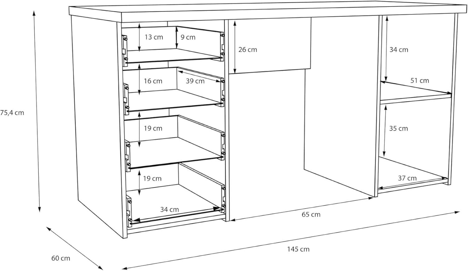 Forte Escritorio NET106 Negro con 1 Puerta y 4 cajones, Material de Madera, Negro, 145 cm de Ancho, 76,3 cm de Alto y 60 cm de Profundidad