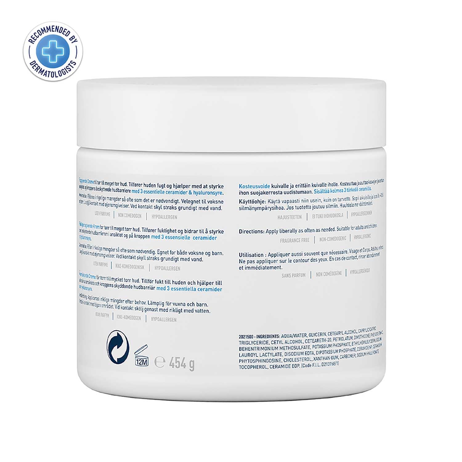 CeraVe Creme Hidratante para Rosto e Corpo, Ideal para Peles Secas a Muito Secas, Hidrata e Restaura a Barreira da Pele, Enriquecido com Ceramidas Essenciais e Ácido Hialurónico, 454 ml