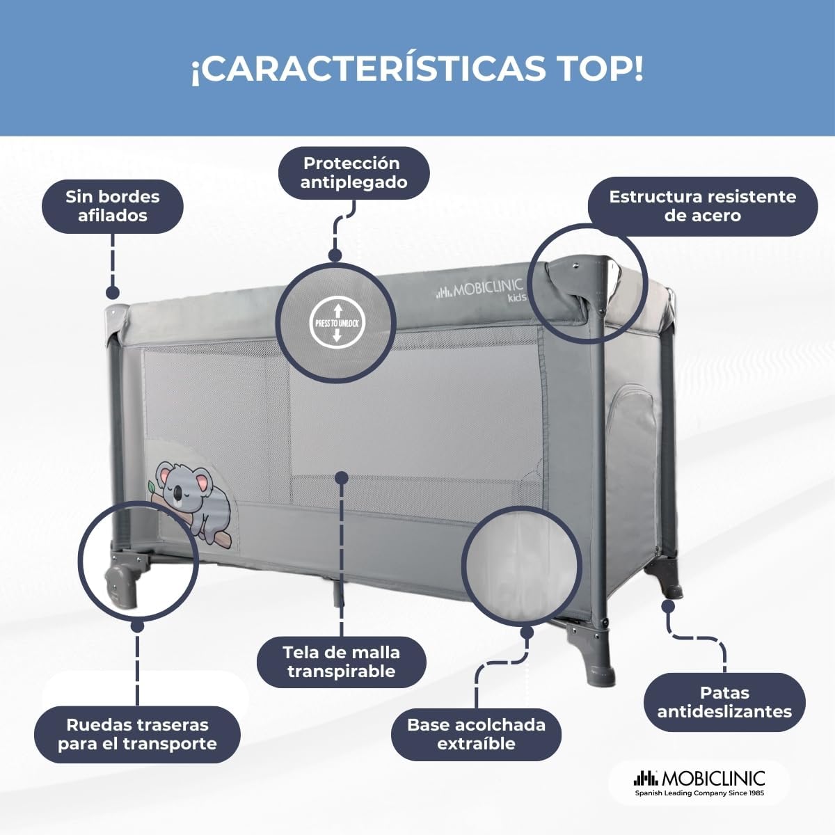 Mobiclinic®, Cuna de Viaje, Bolsa Transporte, 2 en 1, Plegado ultracompacto, Colchón extraíble, Mofli, hasta 15kg, Tela Transpirable, Entrada Lateral con Cremallera, Parque bebé, Ruedas (Gris)
