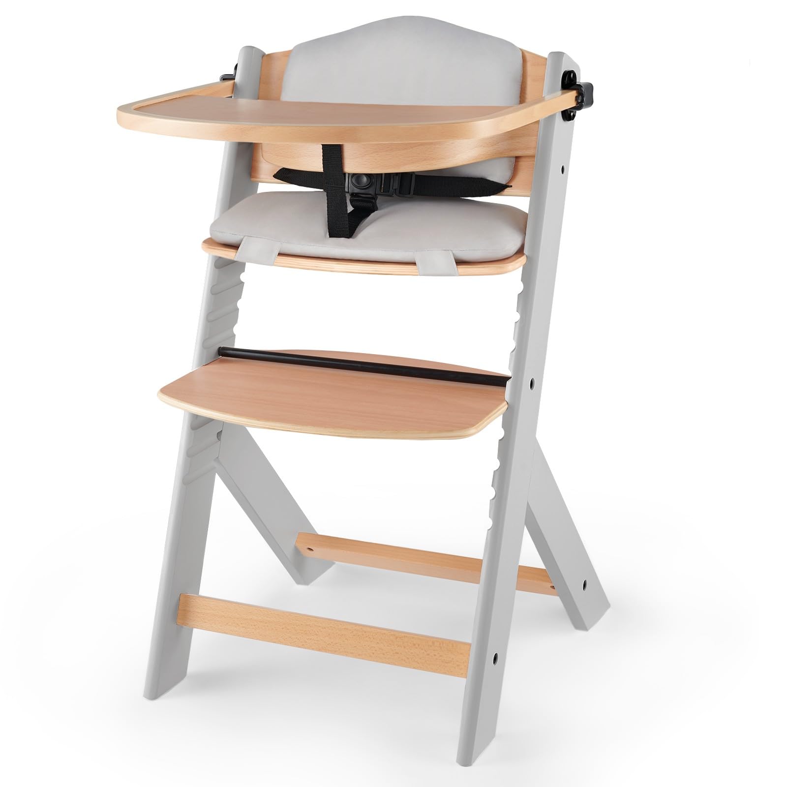 kk Kinderkraft ENOCK Cadeira alta bebé de madeira, infantil, portátil, para crianças, cadeira alta evolutiva, ergonómica, com acessórios, barreira e bandeja, madeira natural