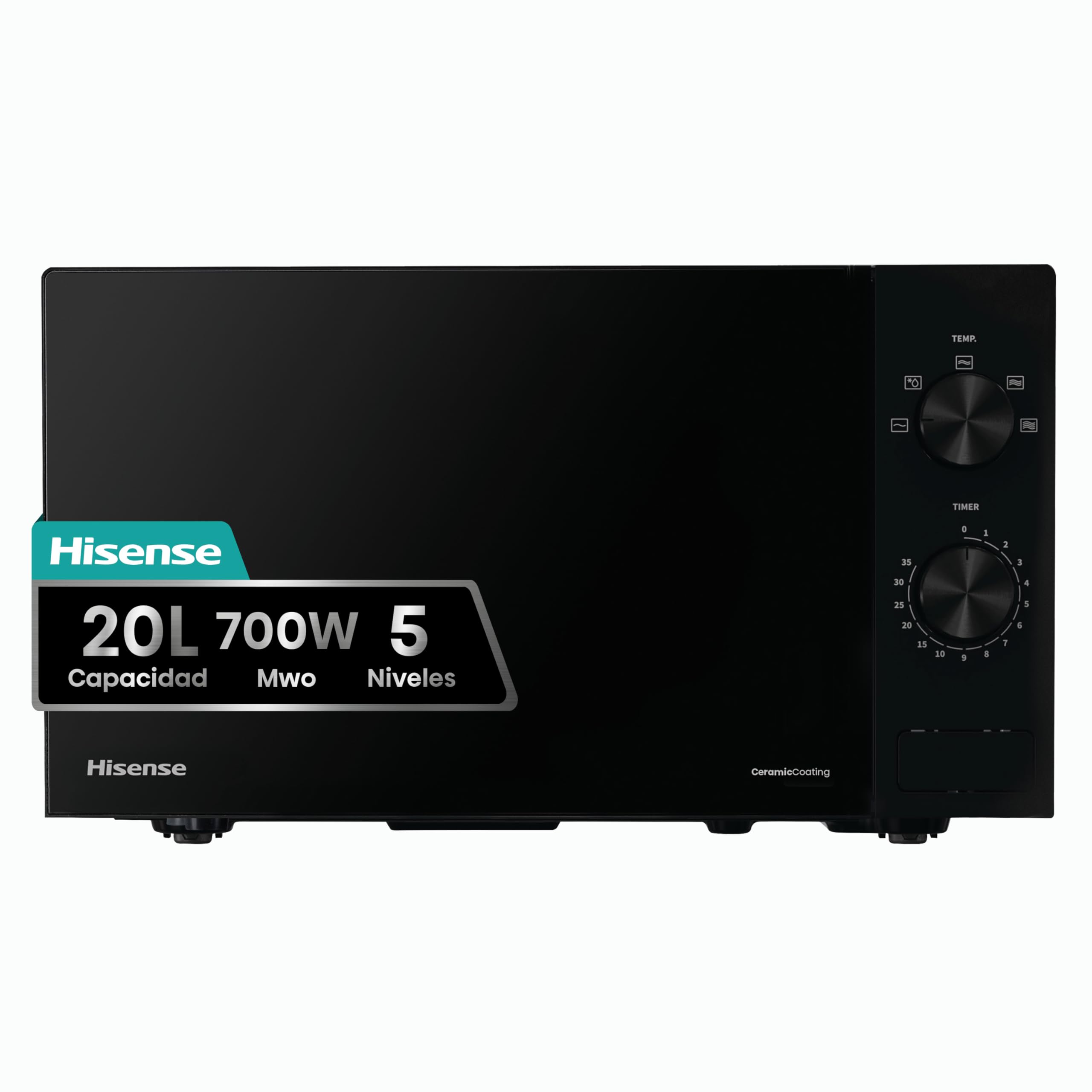 Hisense H20MOBP1G, micro-ondas com brilho de 20 l, 700 W de potência, 800 W Grill, revestimento cerâmico, vidro premium, 5 níveis, limpeza fácil, temporizador de cozedura, preto