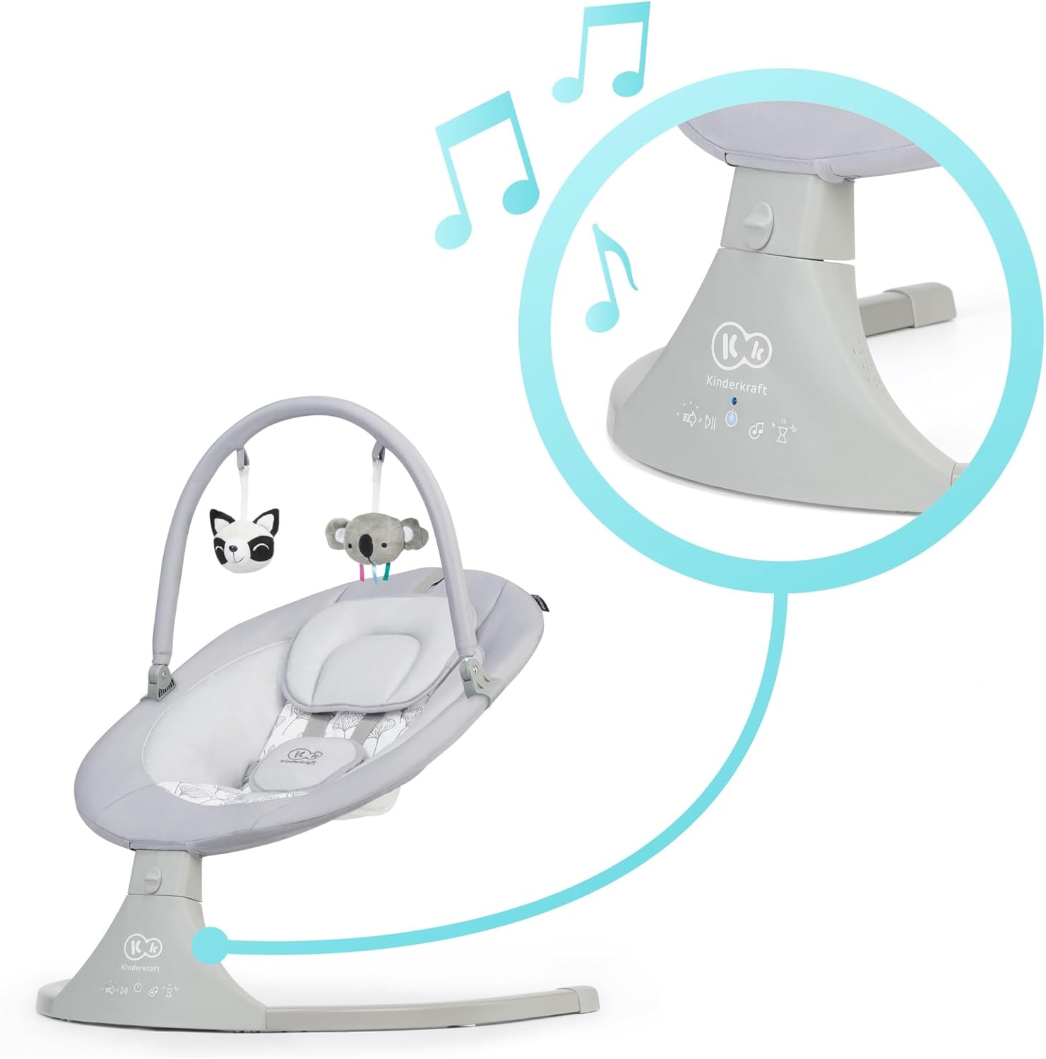kk Kinderkraft LULI Hamaca bebé, Eléctrica Silla macedora, Columpio bebe, Balancin para bebés 0-9 kg, Balanceo automatico 5 Velocidades, Arco regulable con 2 juguetes, 12 melodias, , Gris