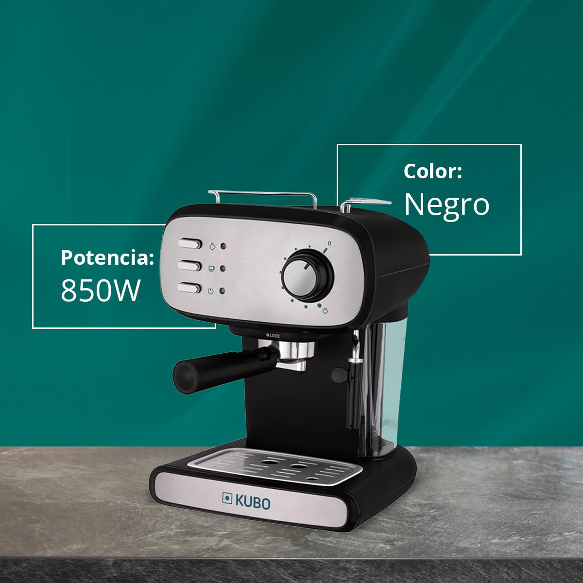 KUBO - Máquina de café expresso, pressão 15 bar, depósito de água 1,2 L, 850 W, vaporizador para cappuccino ou bebidas com leite, fácil de limpar