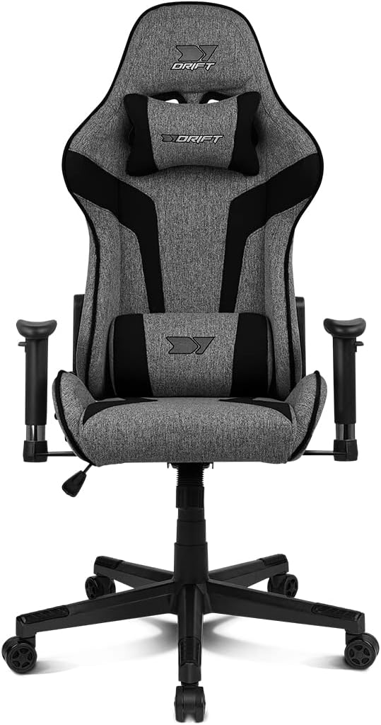 DRIFT GAMING DR90 Cadeira de jogos ergonómica com encosto de cabeça e lombar, encosto reclinável de 135°, braços 2D ajustáveis, tecido respirável, base de nylon e pistão de gás classe 4, cinzento