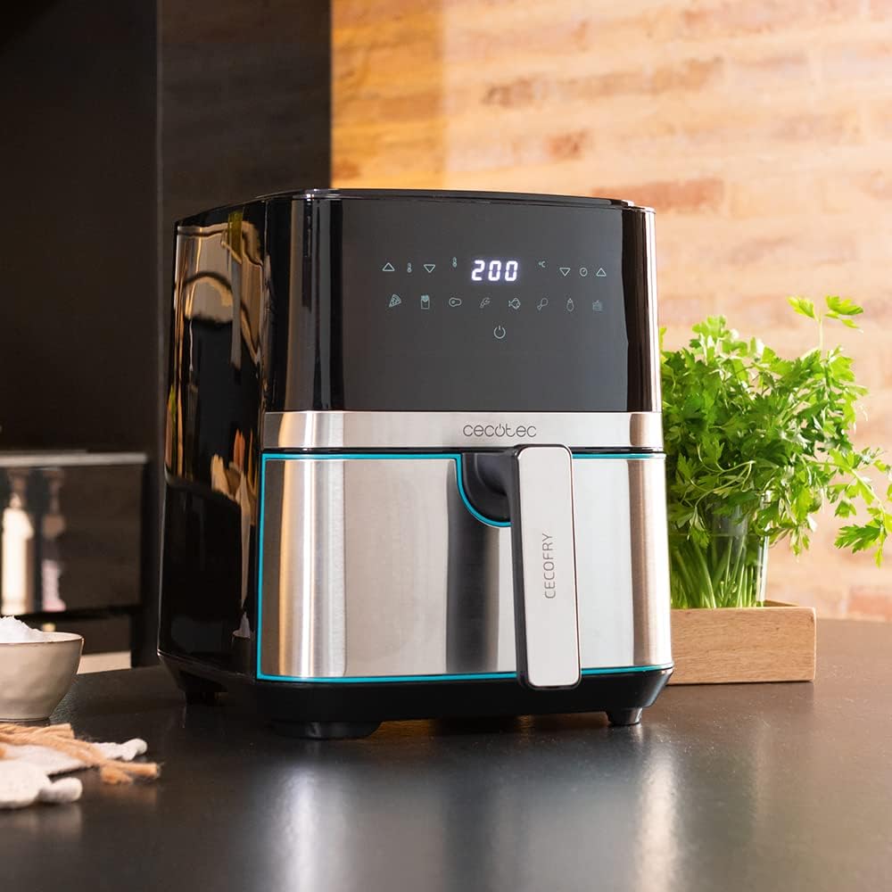 Cecotec Frigideira de ar sem óleo de 5,5 l, Air Fryer Cecofry Full Inox 5500 Pro, com acessórios. 1700 W, dietética e digital, tátil, acabamentos em aço inoxidável, 8 modos, pack de acessórios