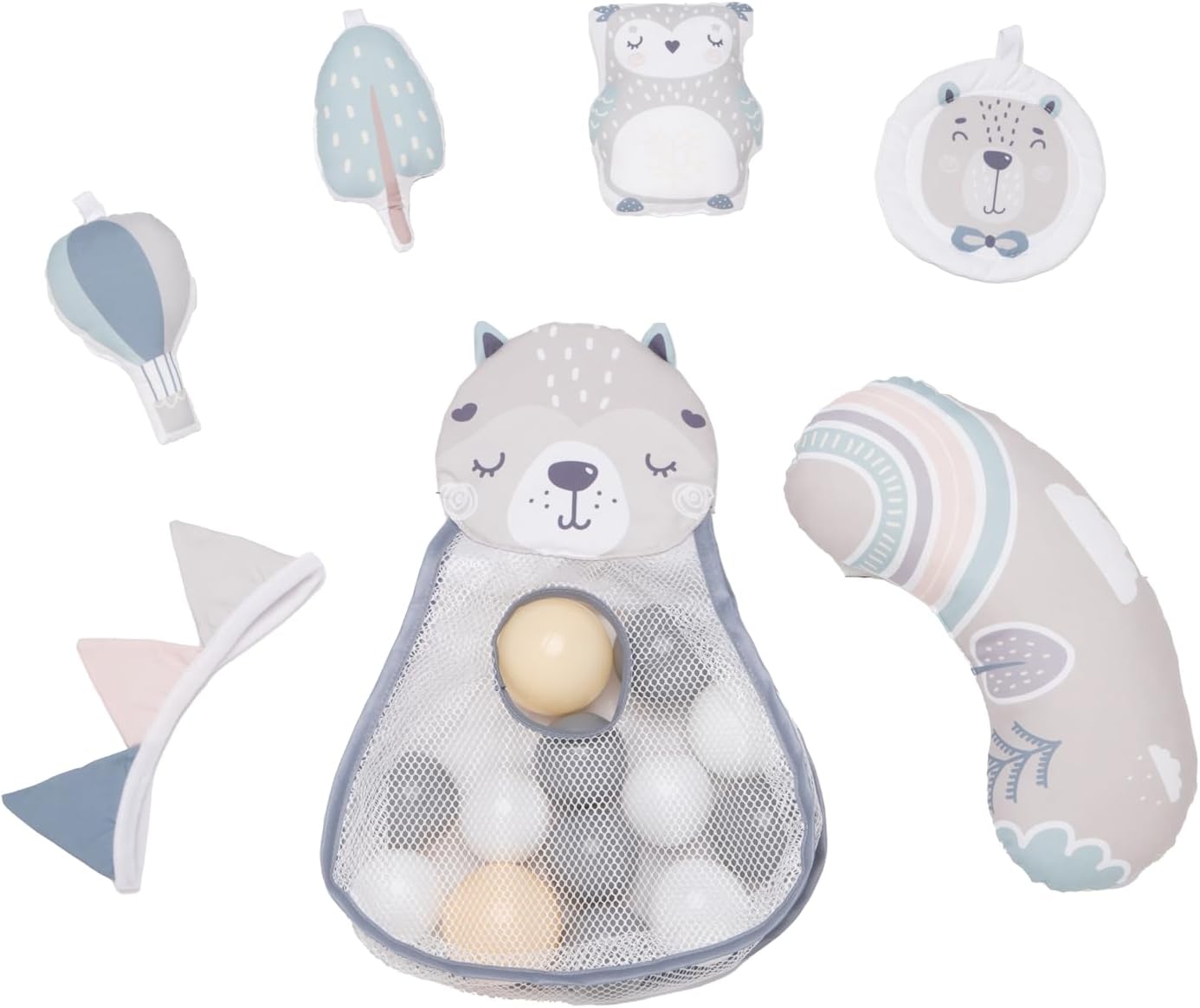 MoMi PASTEL arco de jogo com tapete para gatinhar 3 em 1 para bebés desde o nascimento, tapete de atividades sensorial com 2 arcos, banho de bolas, 5 brinquedos