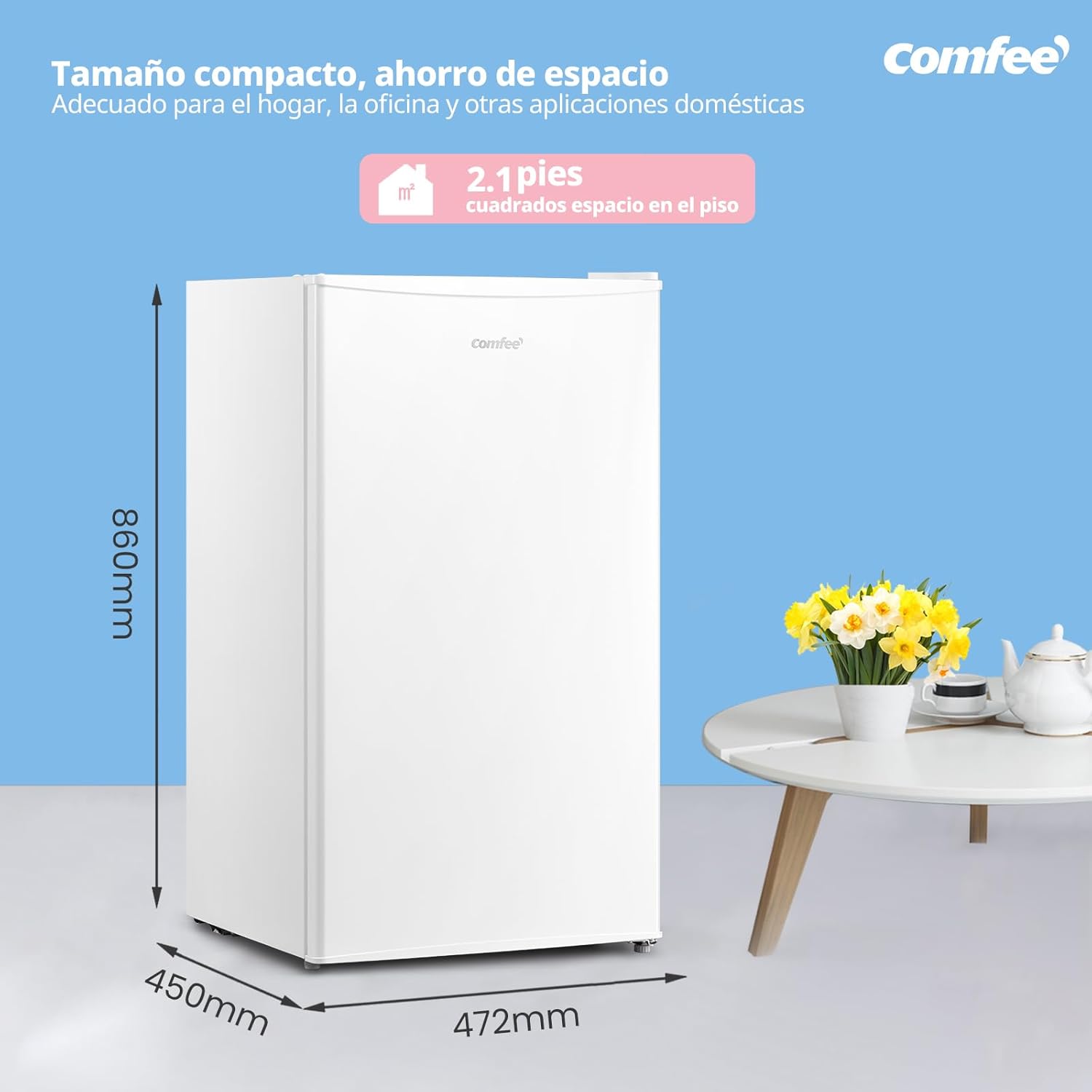 Comfee ' RCD93WH2(E) Frigorífico de uma porta de 93 l, controlo de temperatura, pequeno frigorífico sob mesa, silencioso, GZRD 45 x 47,2 x 86 cm, branco