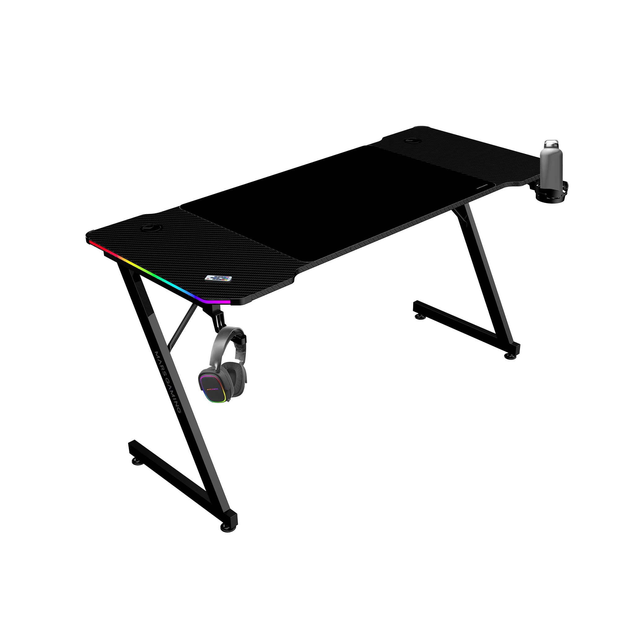 Mars Gaming MGD-X160RGB, Mesa de jogos ergonómica, iluminação ARGB com comando, fibra de carbono, tapete XXL, suporte auriculares e bebida, gestão com cabos, secretária Gaming 160 x 60 cm, preto