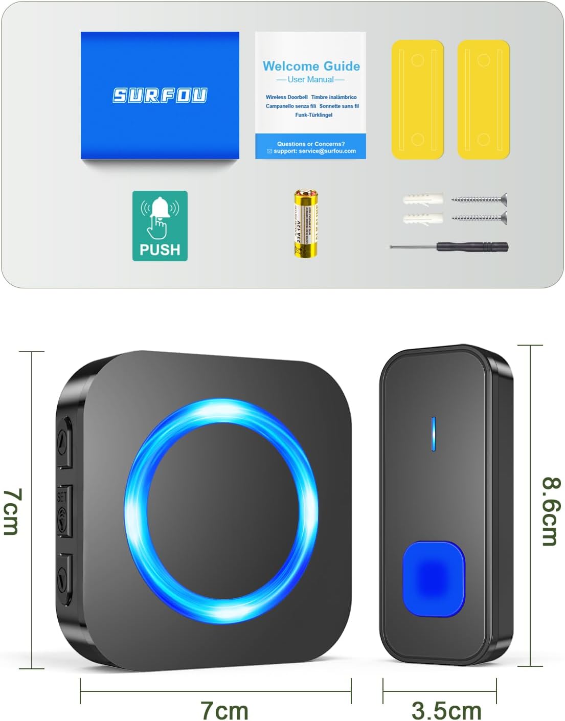 SURFOU Campainha sem fios exterior impermeável, kit Doorbell porta para casa 400 m de alcance Doorbell com 55 melodias, 5 níveis de volume, indicador LED, fácil instalação para casa, preto