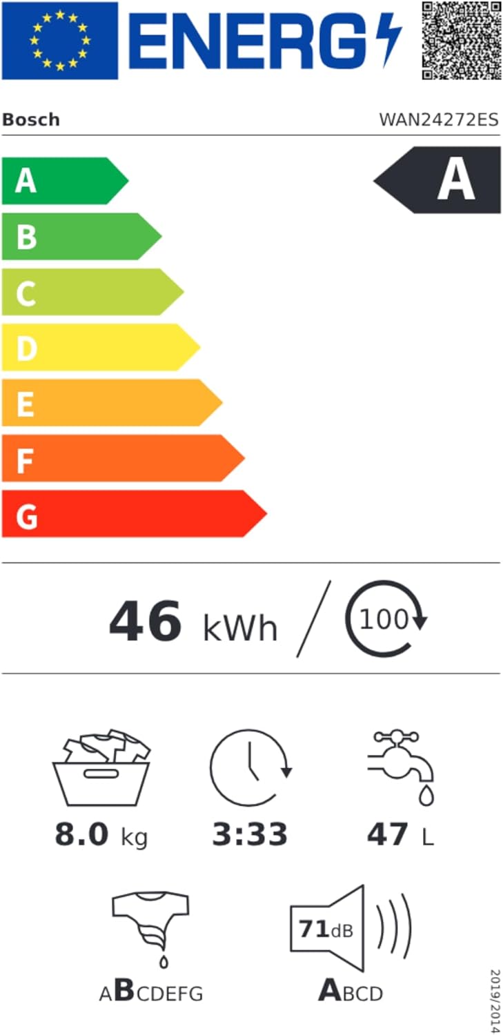 Bosch - Máquina de lavar livre instalação, 8 kg, 1200 RPM, série 4, função pausa carregamento, Iron Assist, Motor EcoSilence, branco, WAN24272ES