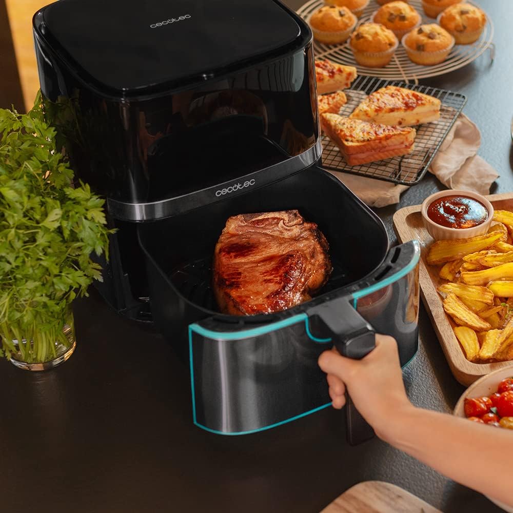 Cecotec Frigideira de ar sem óleo de 5,5 l, Air Fryer Cecofry Full Inox 5500 Pro, com acessórios. 1700 W, dietética e digital, tátil, acabamentos em aço inoxidável, 8 modos, pack de acessórios