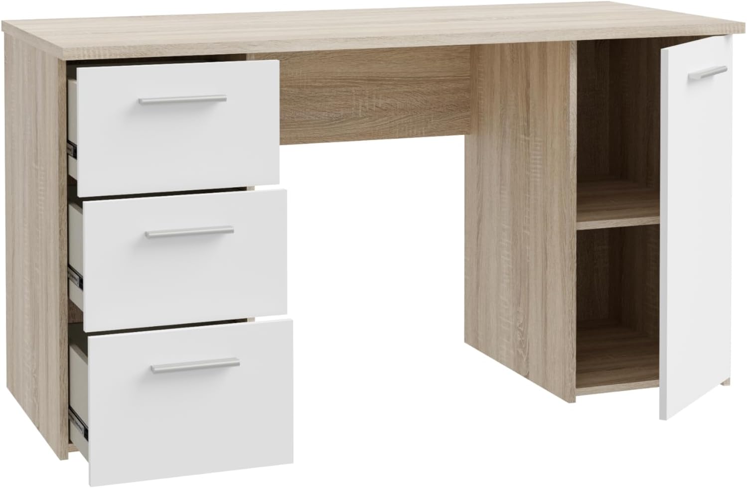 Forte NET307 - Escritorio con 1 Puerta y 3 cajones, Madera de Roble Sonoma con Blanco, 138 x 75 x 60 cm
