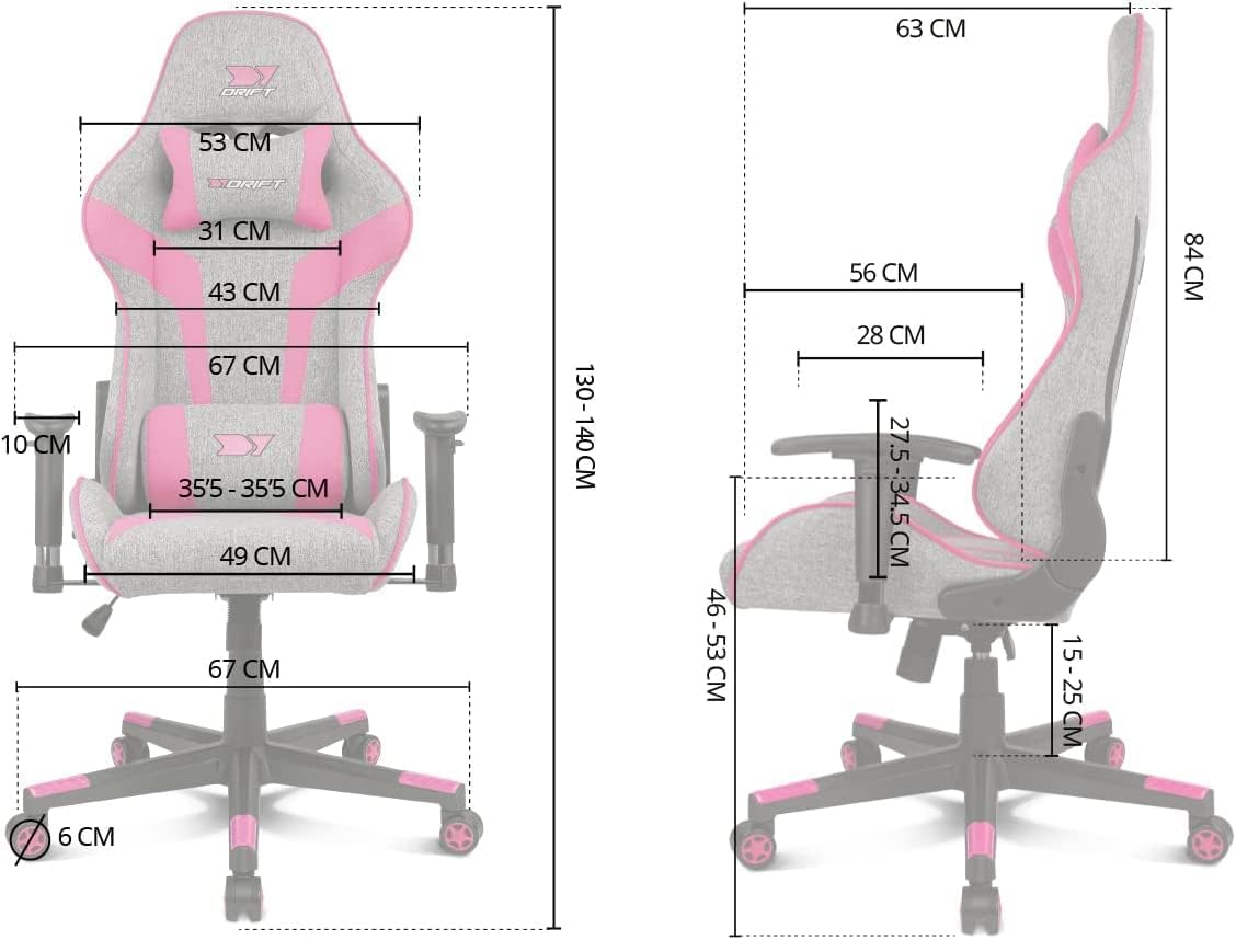 DRIFT GAMING DR90 Cadeira de jogos ergonómica com encosto de cabeça e lombar, encosto reclinável de 135°, braços 2D ajustáveis, tecido respirável, base de nylon e pistão de gás classe 4, cinzento