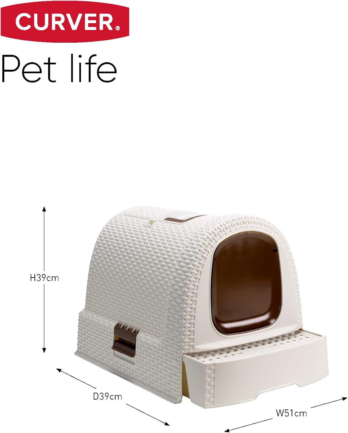 CURVER Inodoro para gatos, bandeja sanitária fechada, compartimento inferior removível para facilitar a limpeza, pá de areia e tapete incluídos, dimensões: 40 x 38,5 x 51,5 cm branco