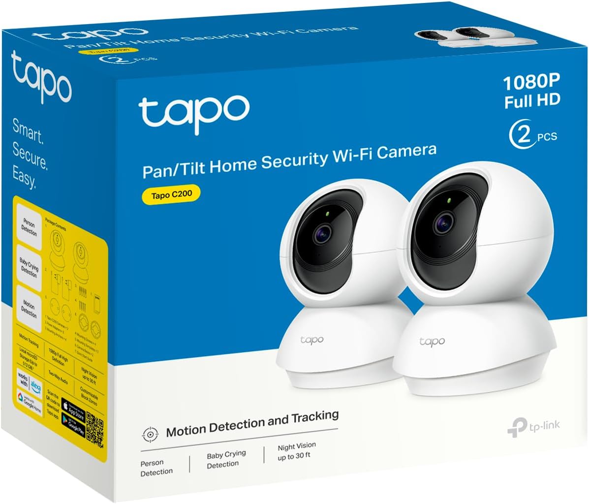 Tapo C200P2 - Câmara IP Wi-Fi 360° câmara de vigilância FHD 1080p, visão noturna, notificações em tempo real, suporta cartão SD, deteção de movimento, controlo remoto, compatível com Alexa